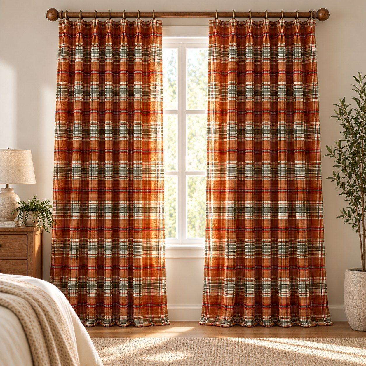 Rust gingham pinch pleat curtains at a window with a kitchen dresser