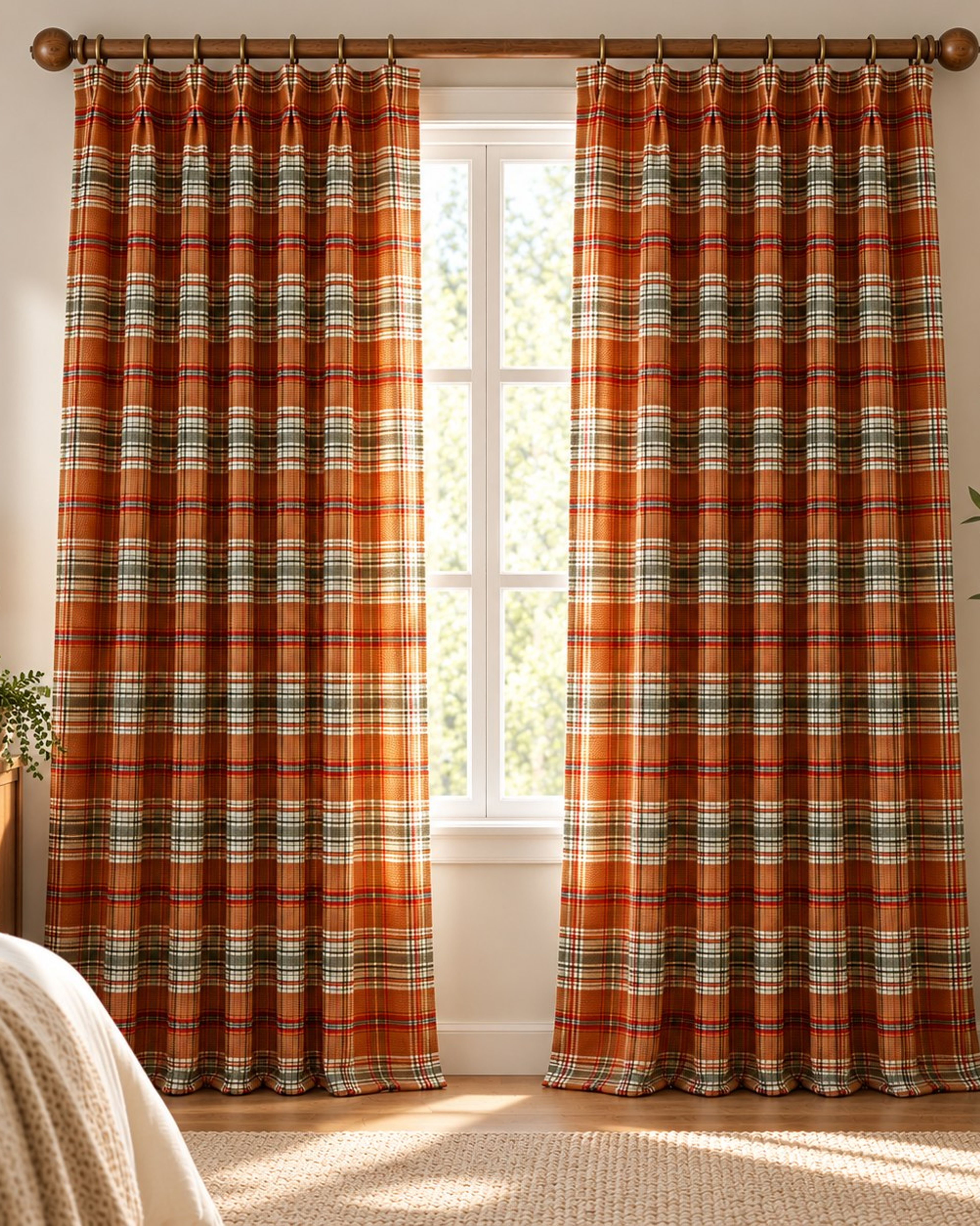 Rust gingham pinch pleat curtains at a window with a kitchen dresser