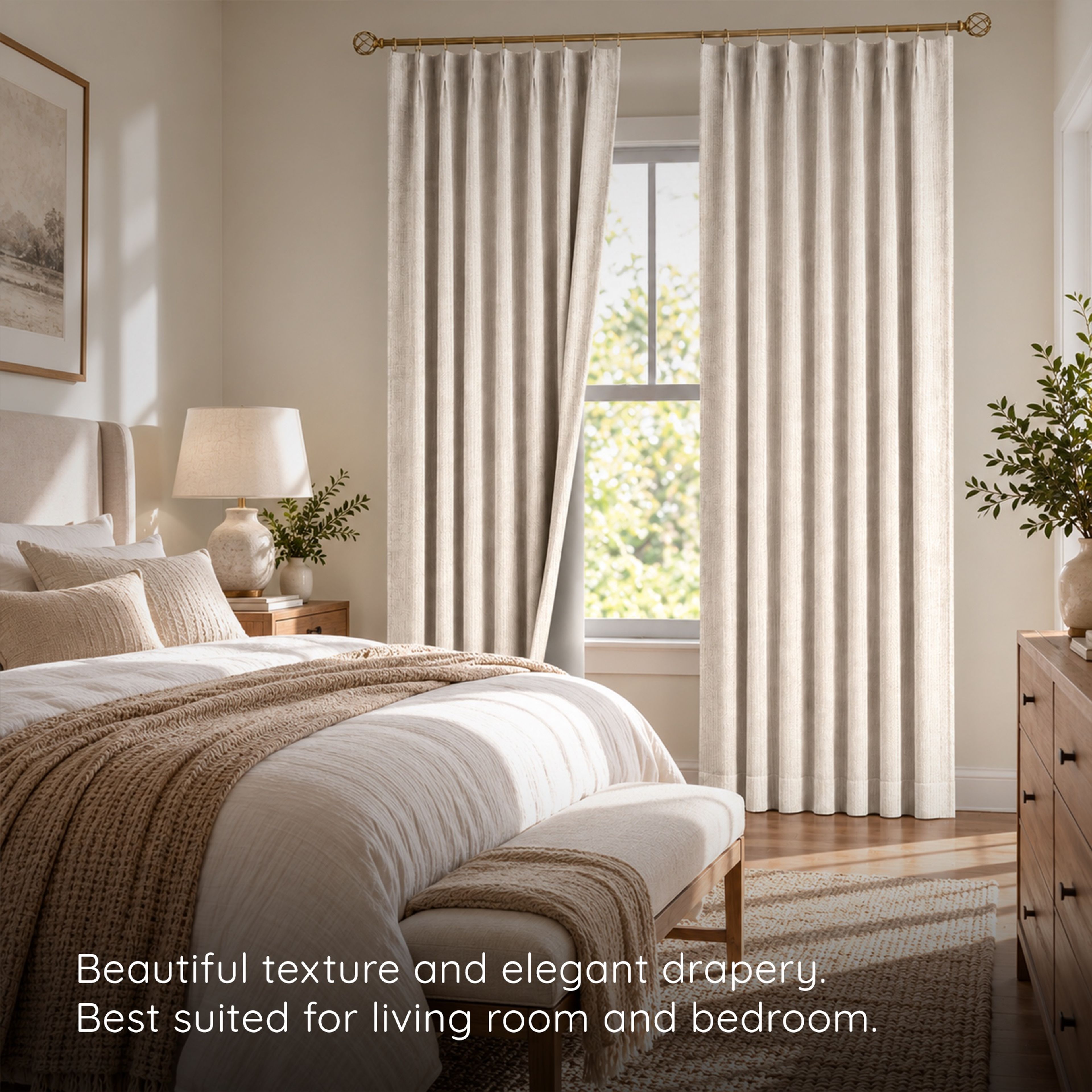 A bedroom dressed in cream faux linen blackout curtains