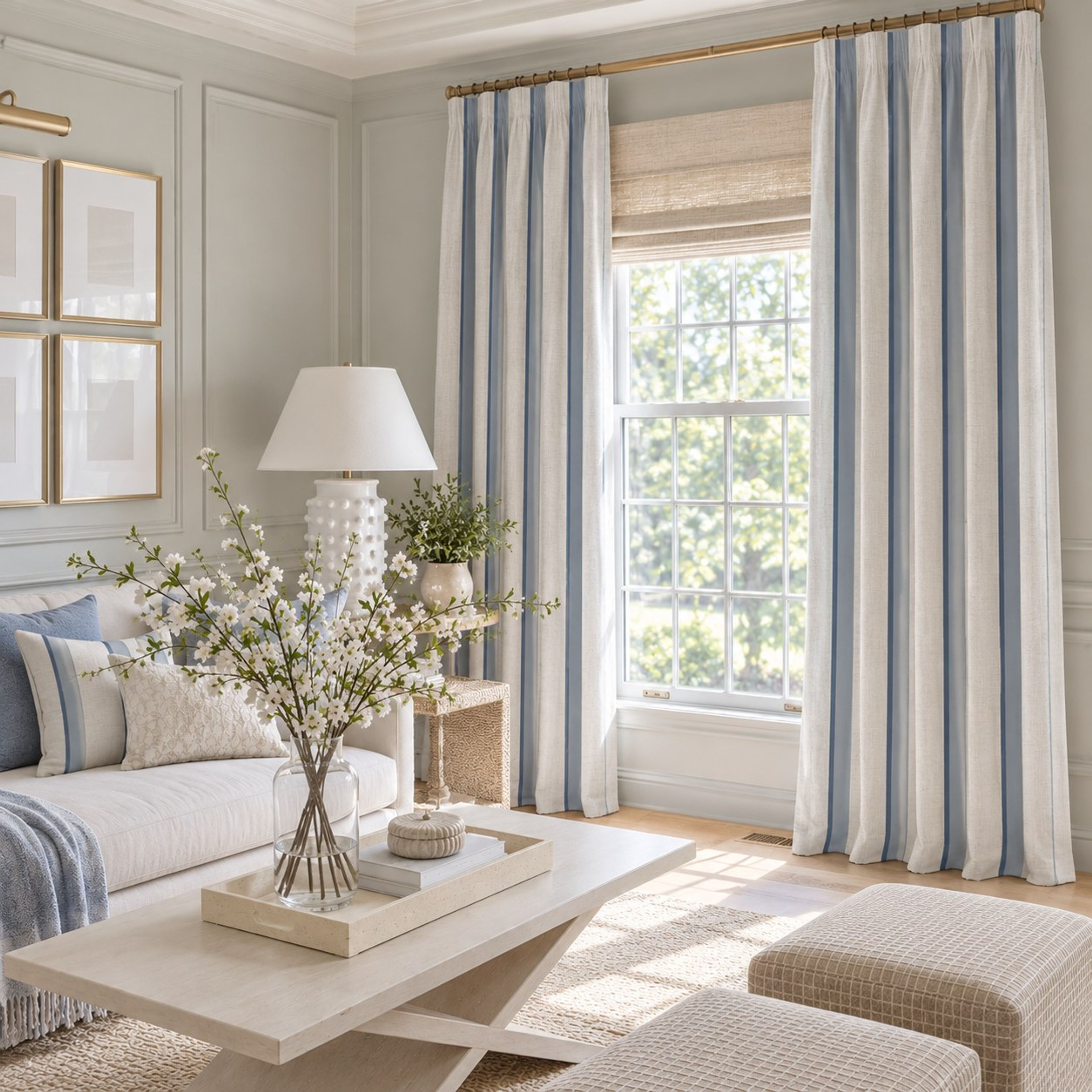 Blue and white striped curtains in a coastal living room