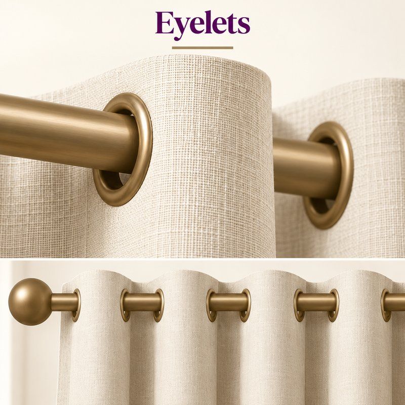 Eyelet curtain header with metal rings on a rod