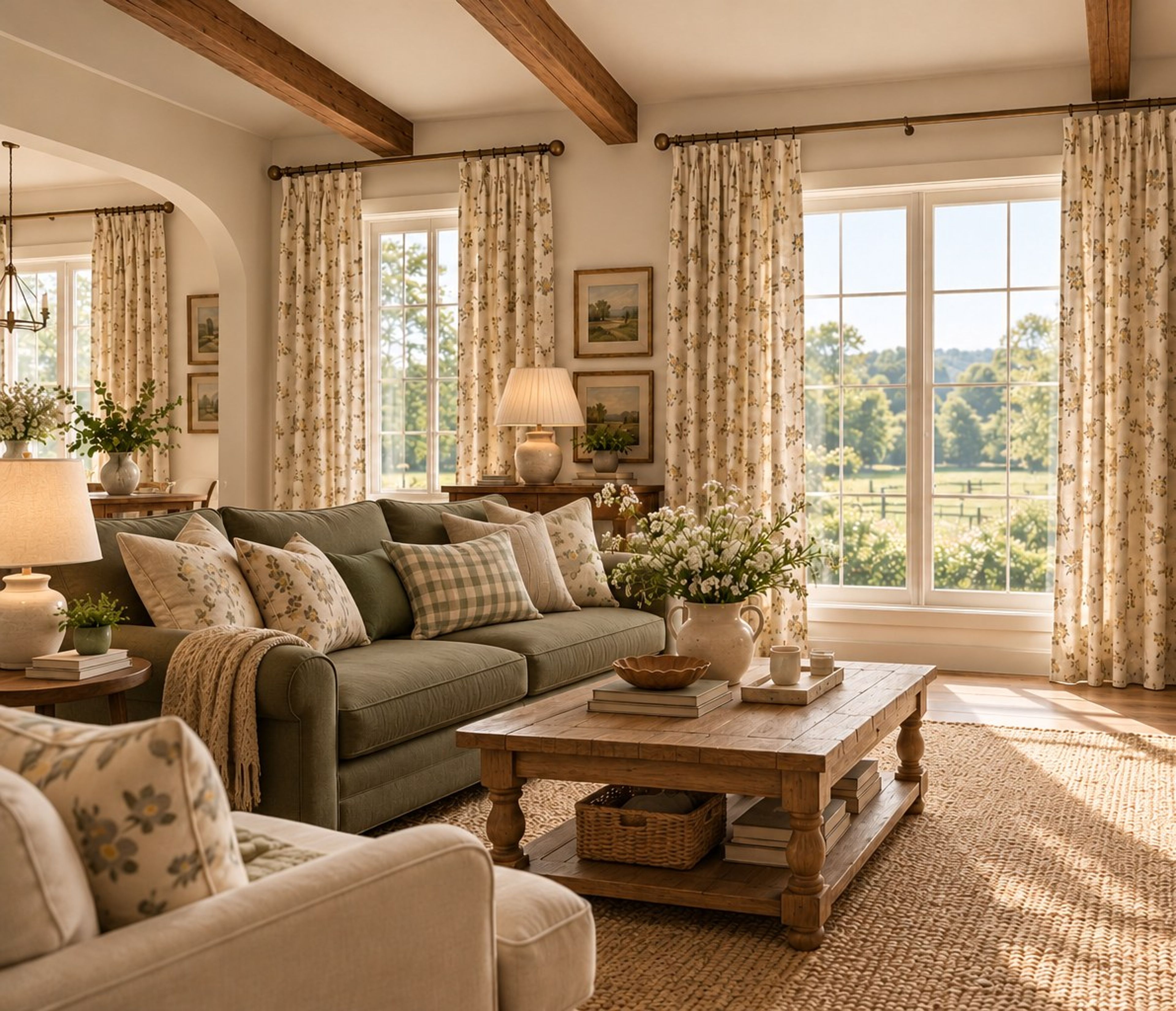 Beige ditsy floral curtains in a beamed farmhouse living room