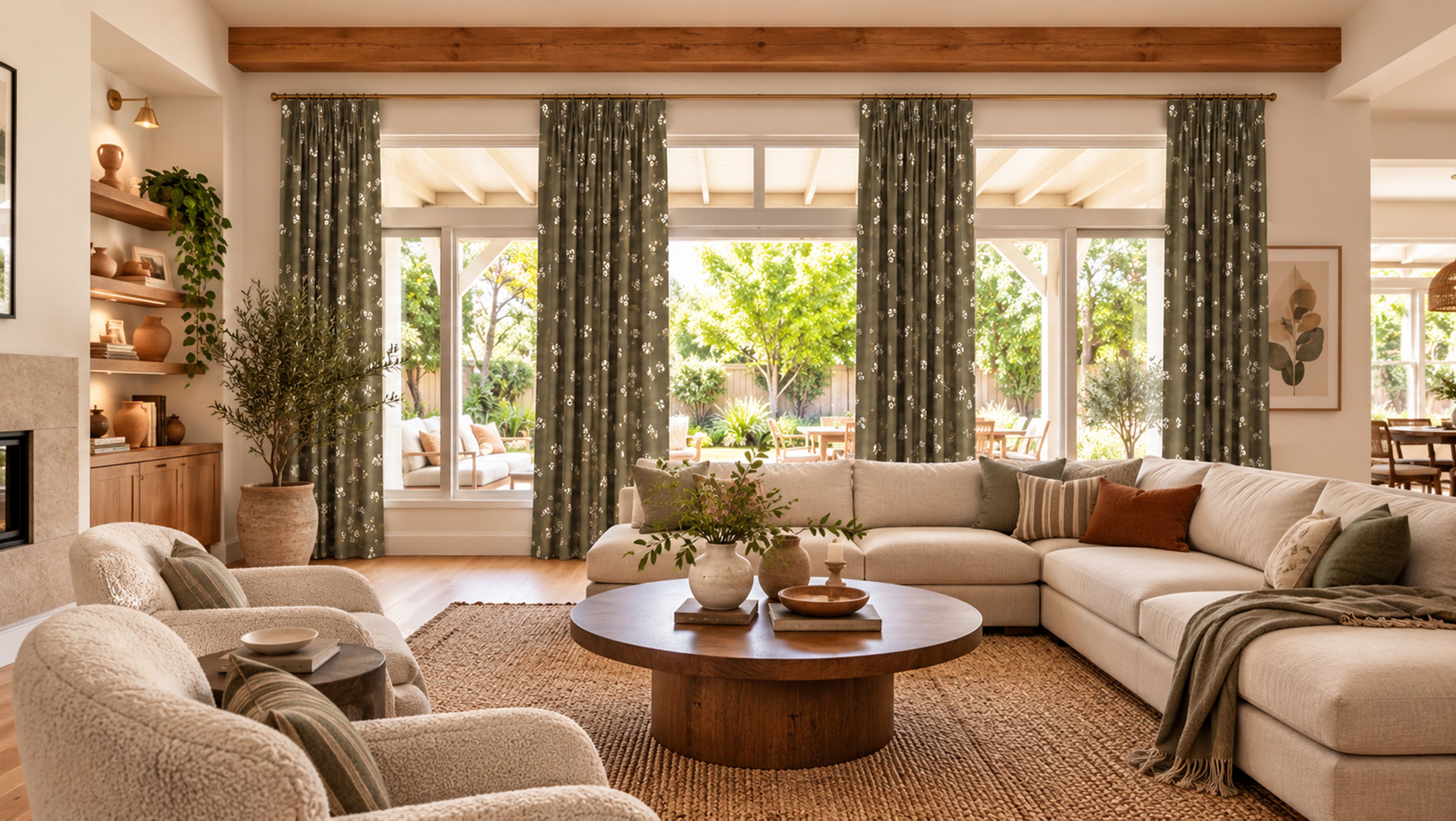 The same living room with sage green floral pinch pleat curtains on a brass rod framing the garden doors