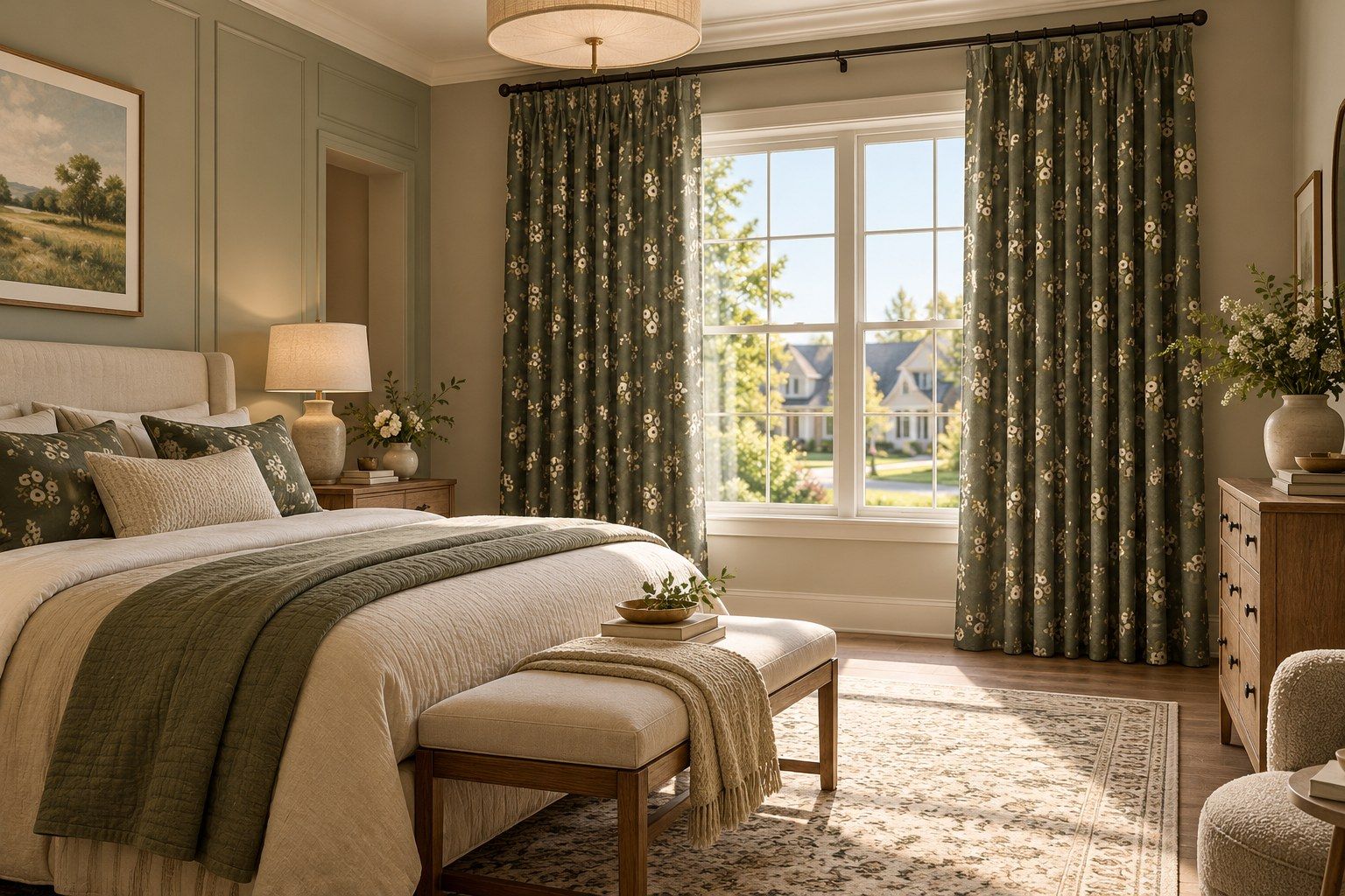 Deep olive floral curtains framing a window in a sage green bedroom