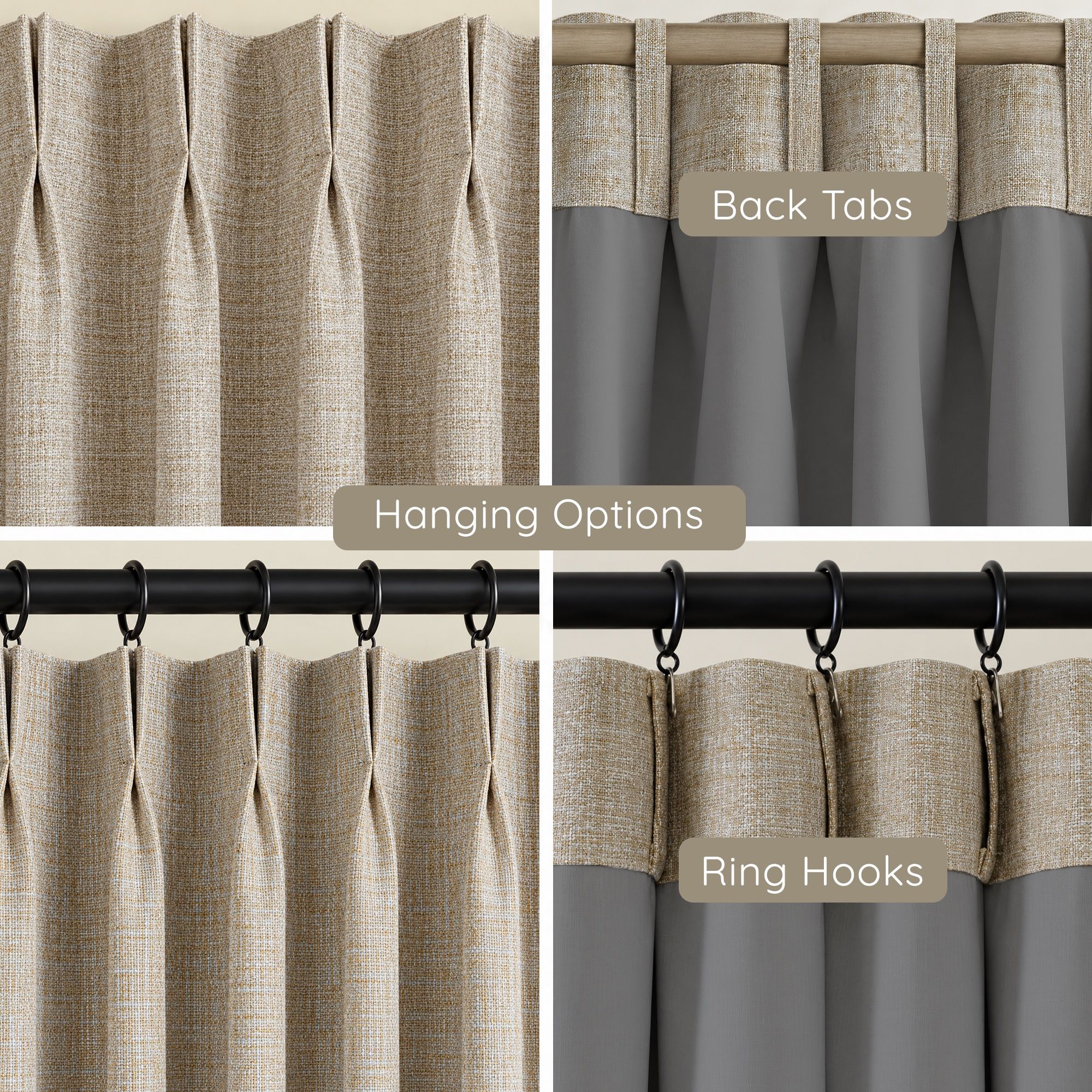 Natural faux linen curtains hung pinch pleated, on back tabs and on ring hooks