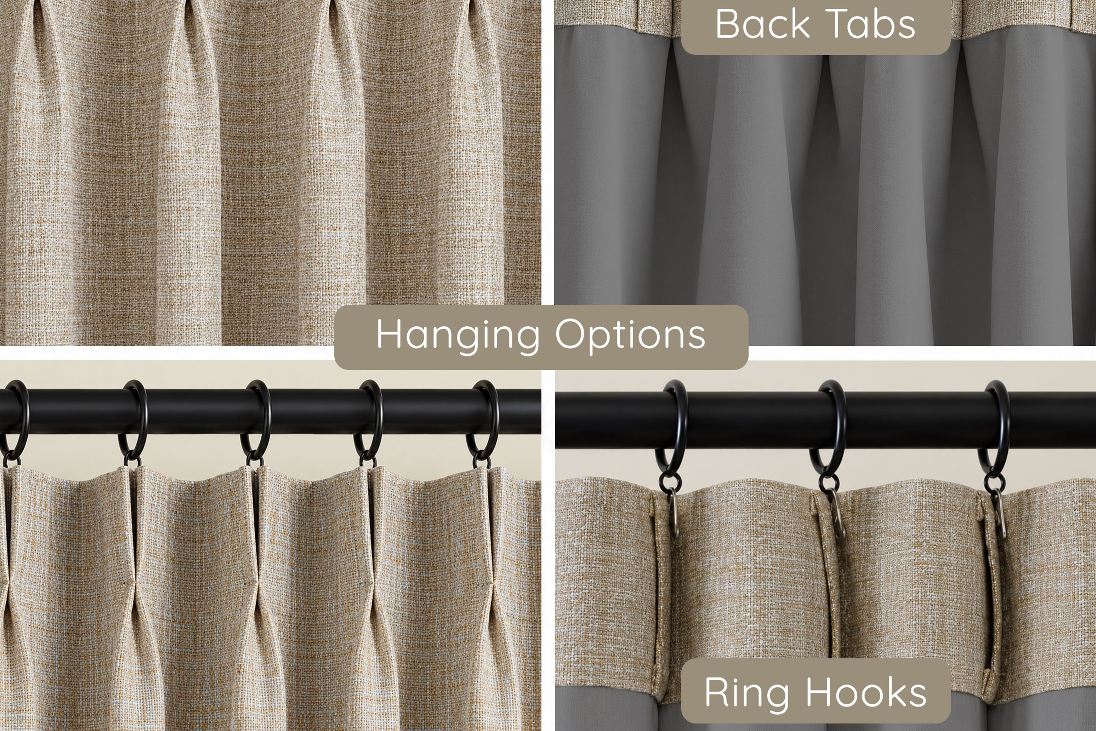 Natural faux linen curtains hung pinch pleated, on back tabs and on ring hooks