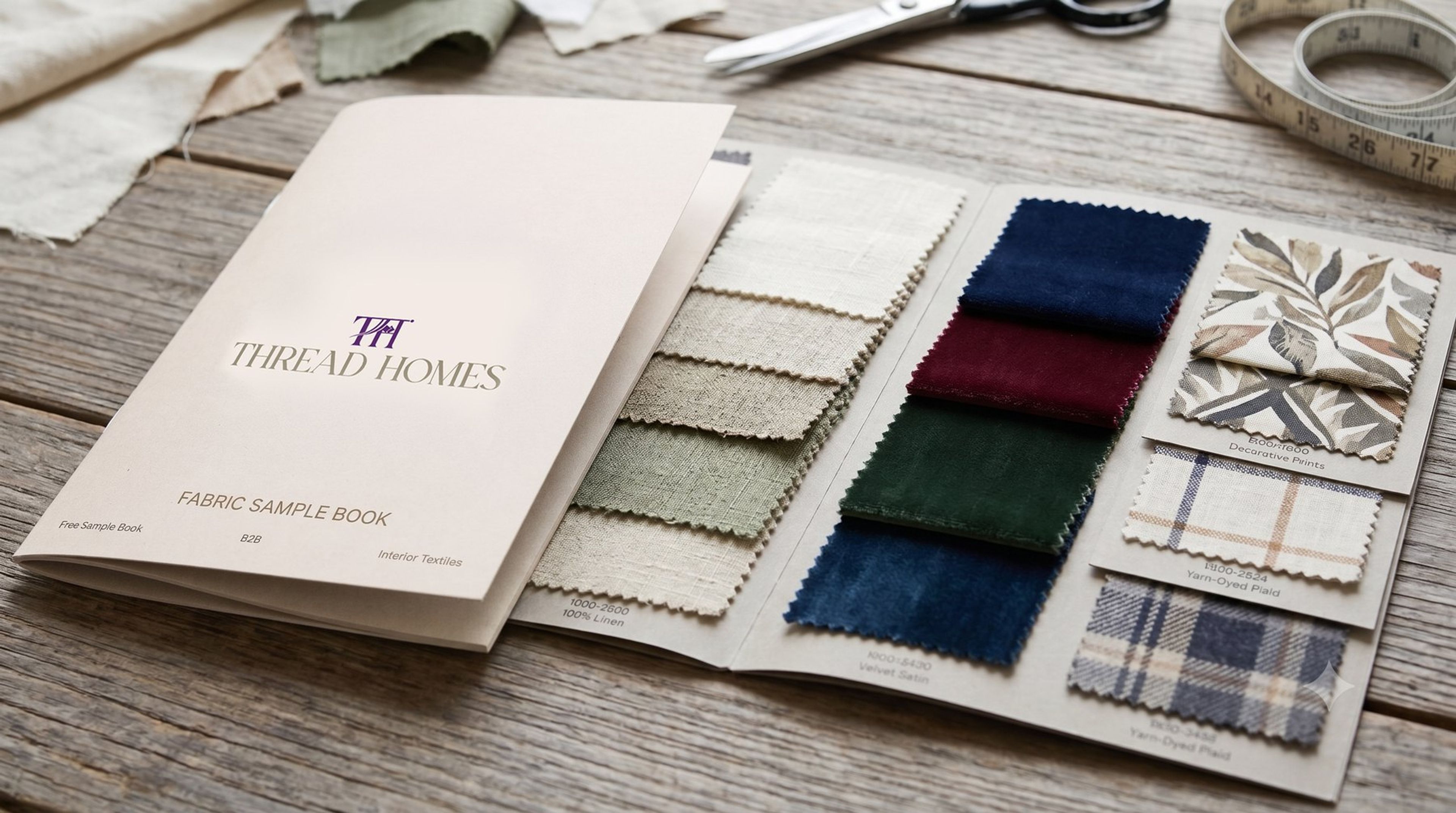 The Thread Homes fabric sample book open on a wooden table, showing linen, velvet, printed and plaid fabric swatches