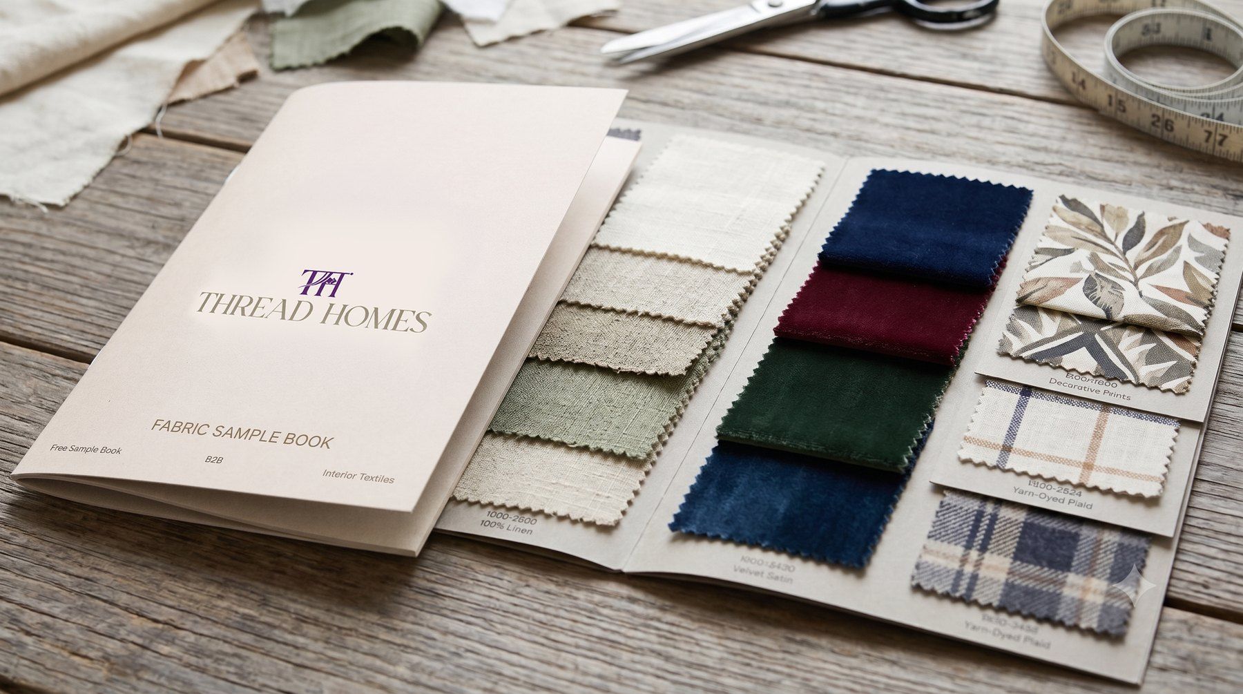 The Thread Homes fabric sample book open on a wooden table, showing linen, velvet, printed and plaid fabric swatches