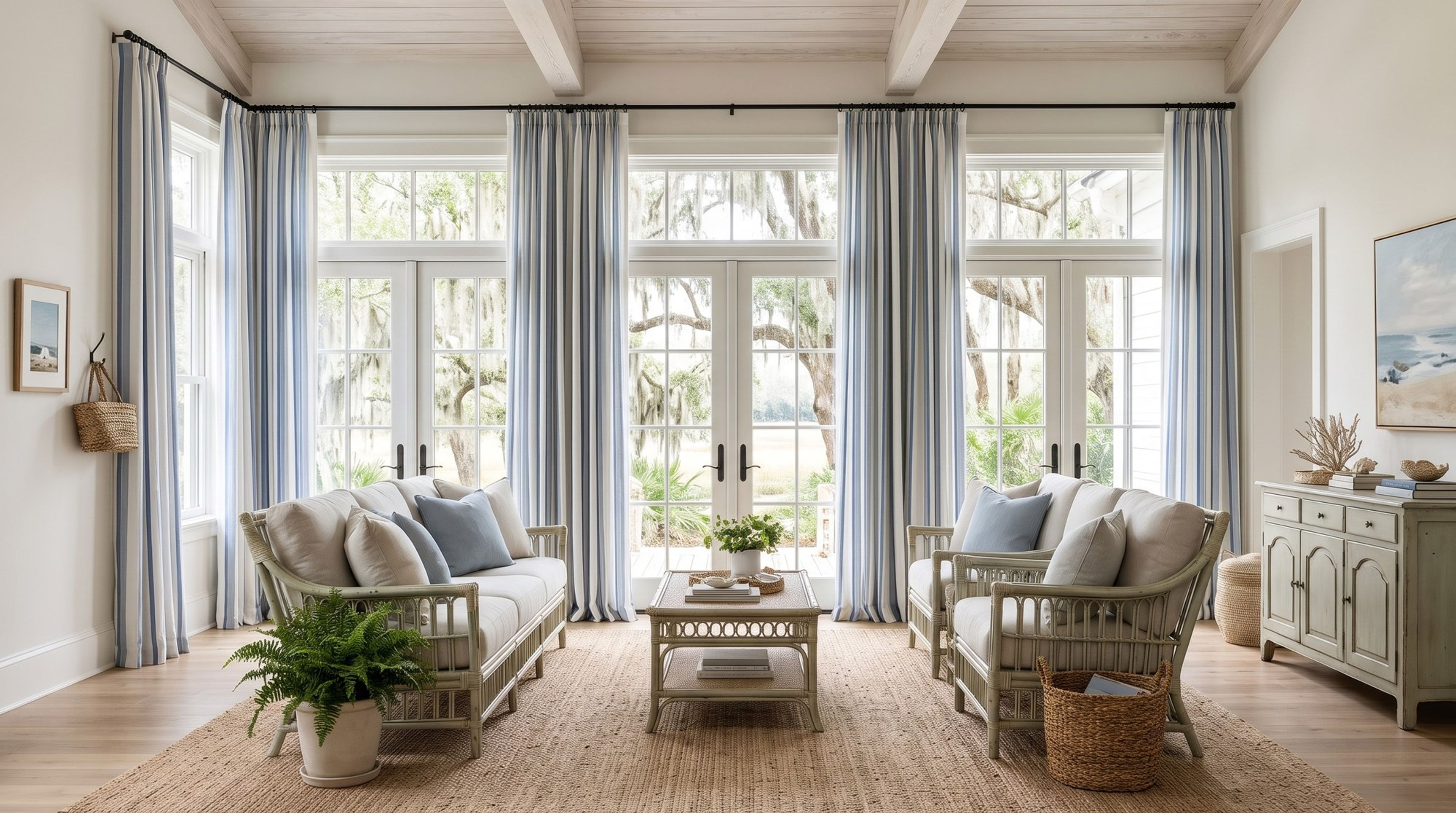 Floor length blue and white striped curtains hung high and wide around French doors in a pale blue Low Country living room with wooden windows