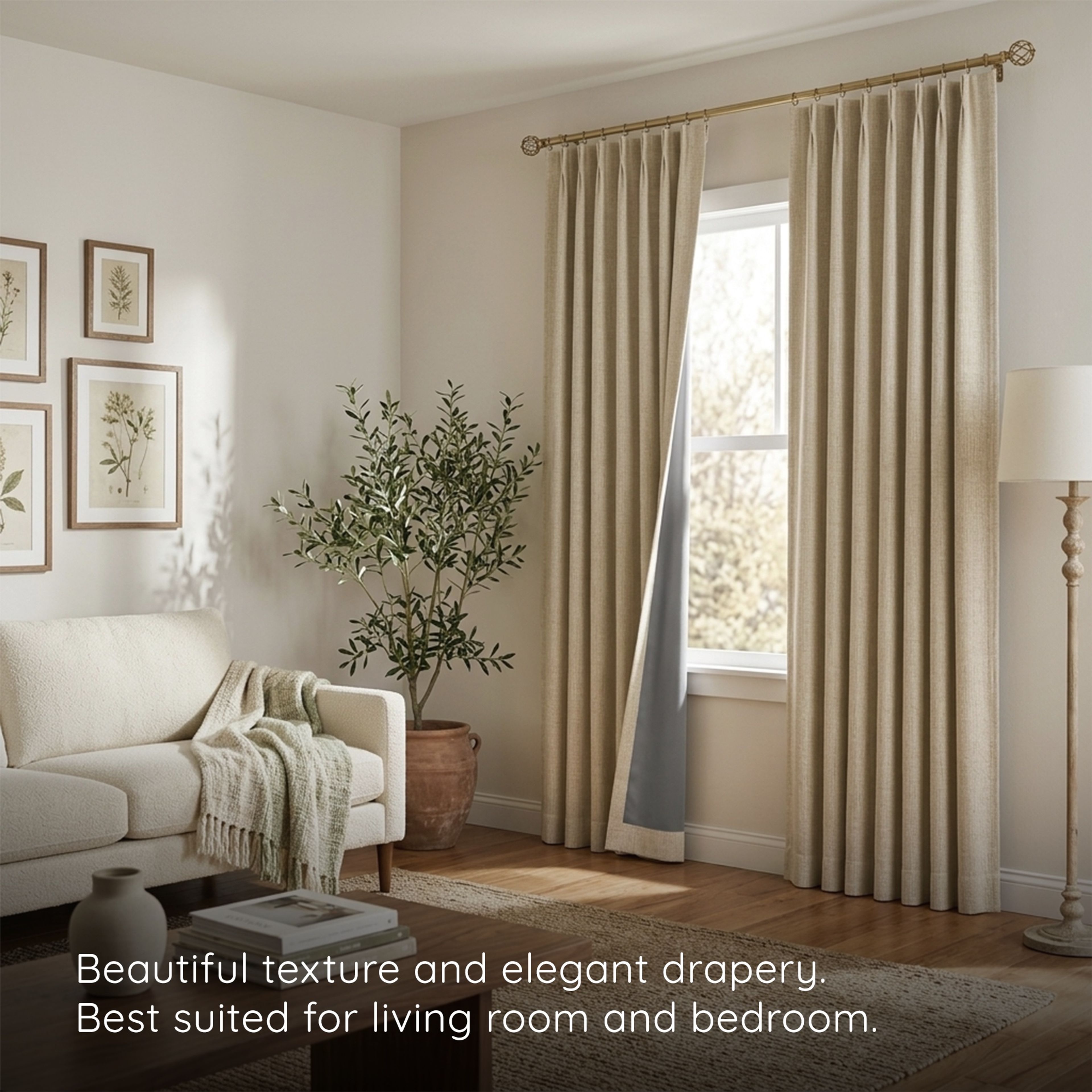 A bedroom dressed in natural faux linen blackout curtains