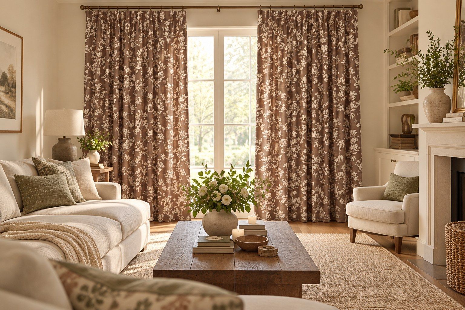 Cottage core floral curtains in rust and cream framing a window in a living room