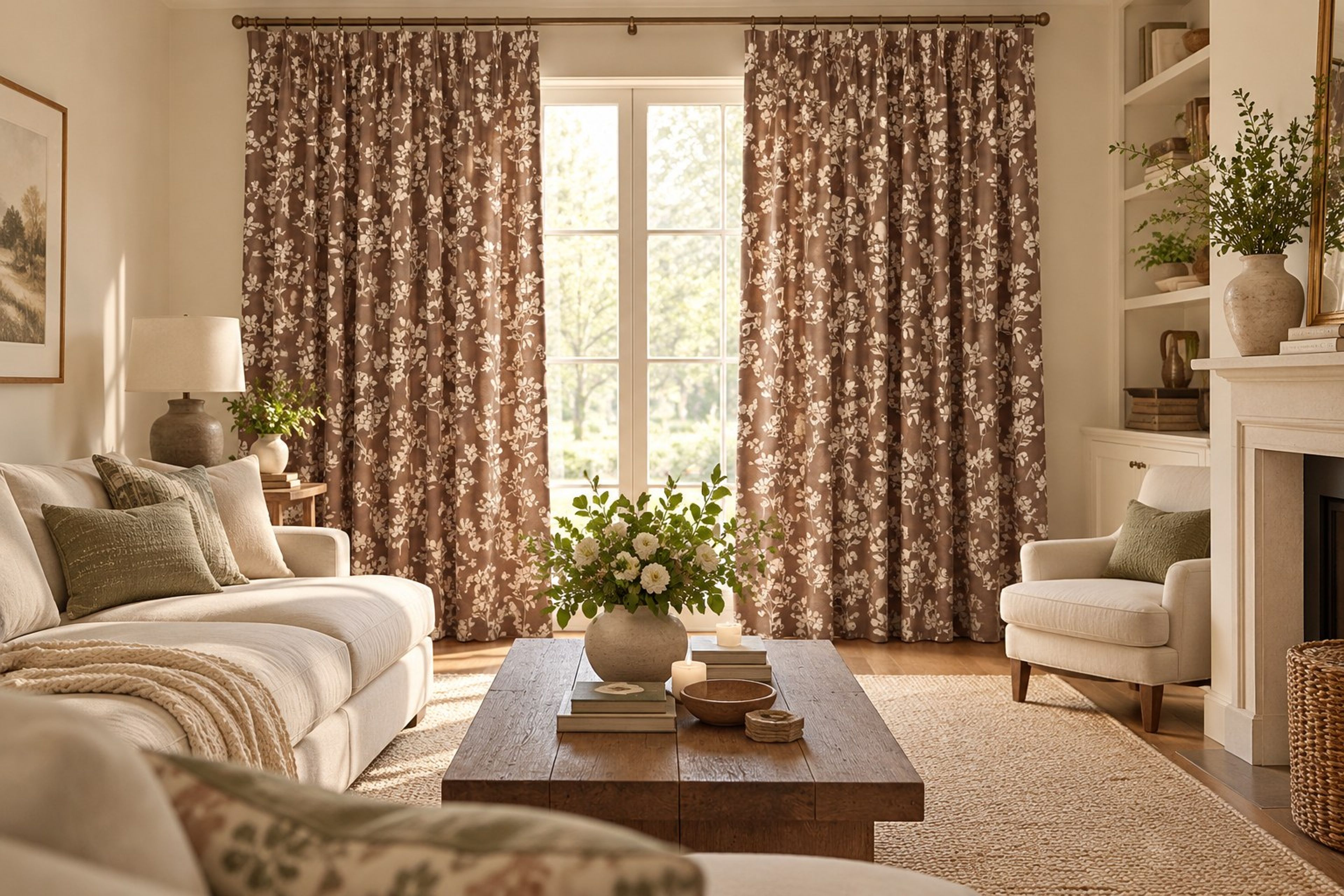Brown and white cottage core floral curtains in a sunlit living room
