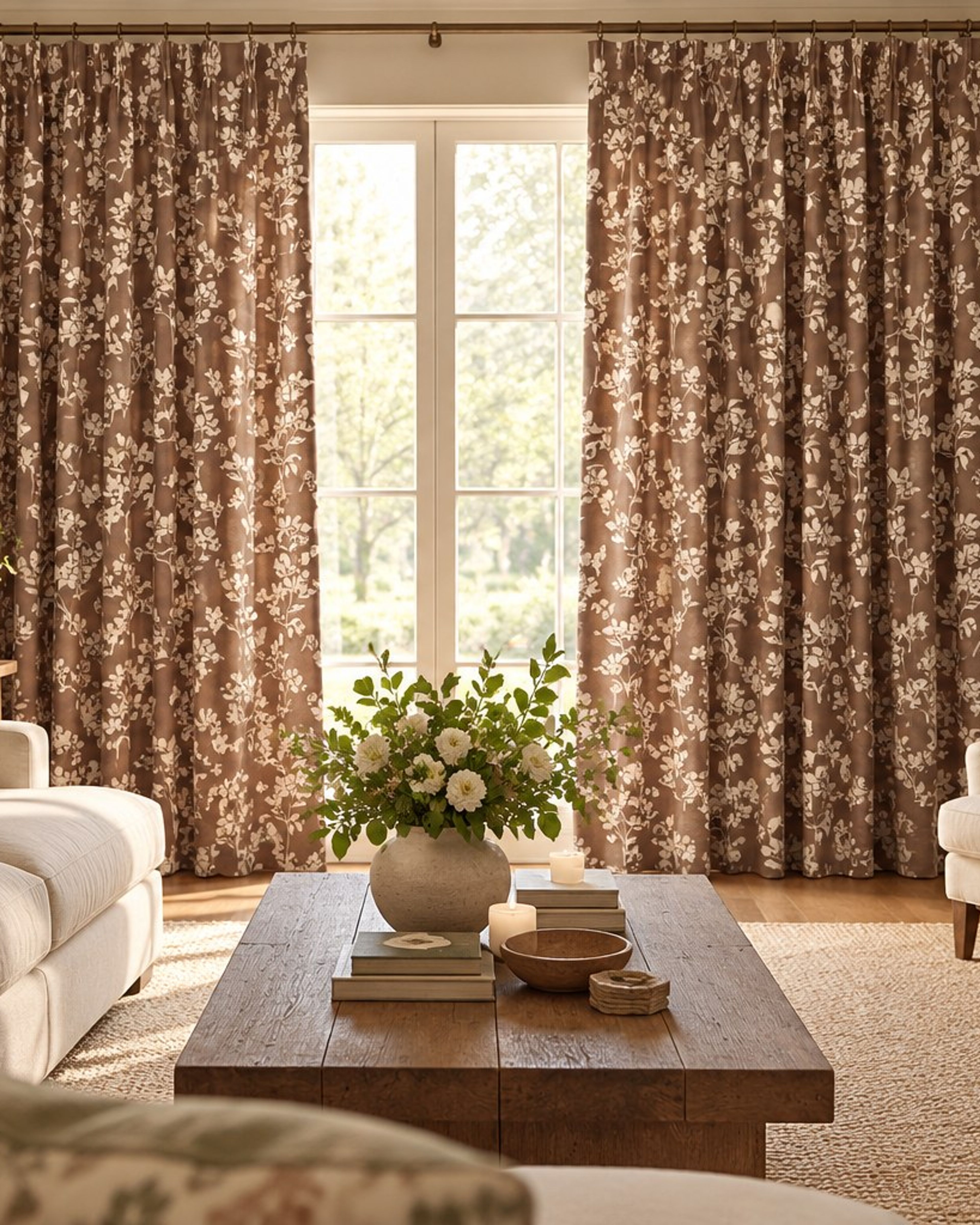 Cottage core floral curtains in rust and cream framing a window in a living room