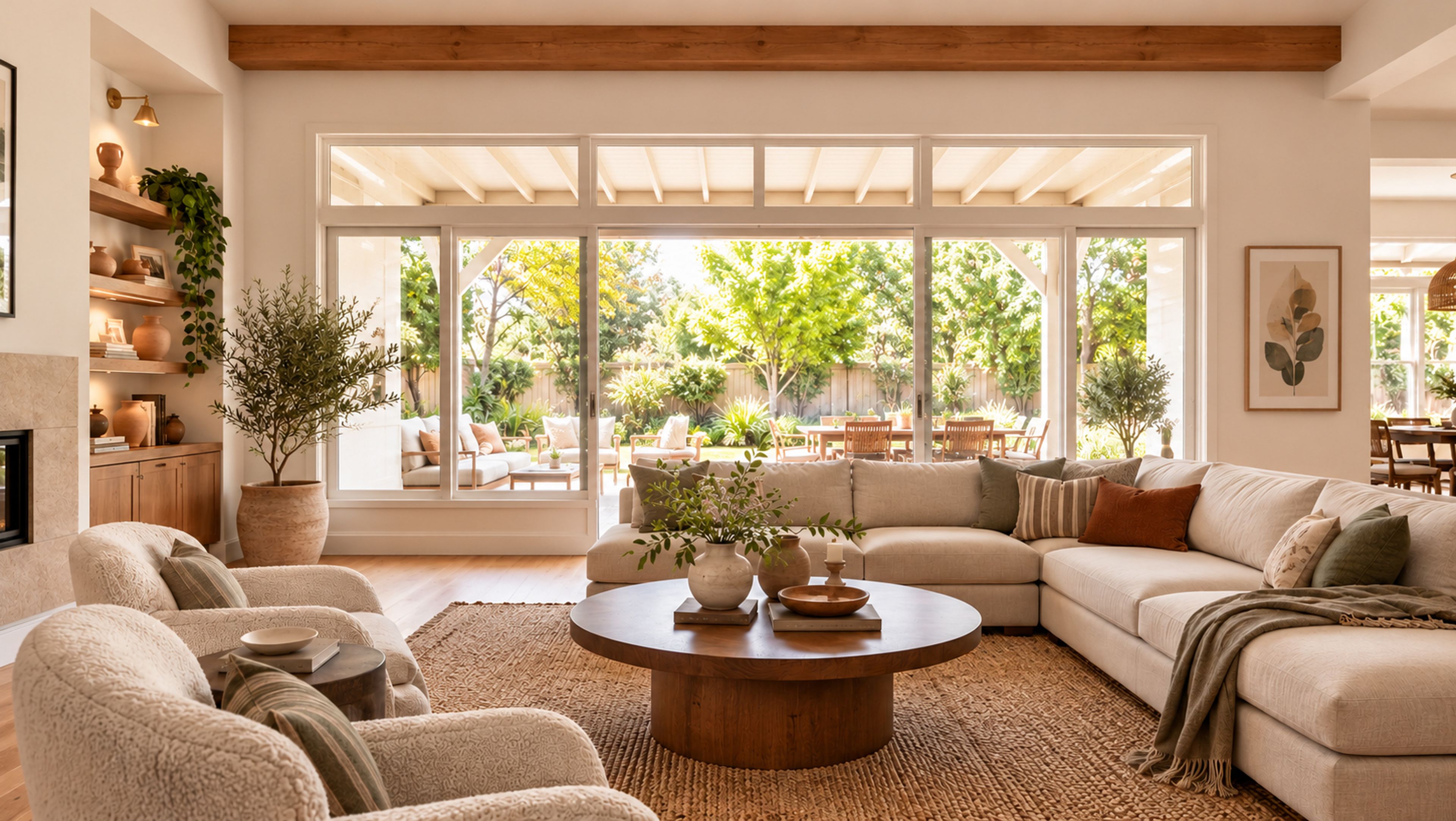 Bright living room with wide garden doors and bare windows
