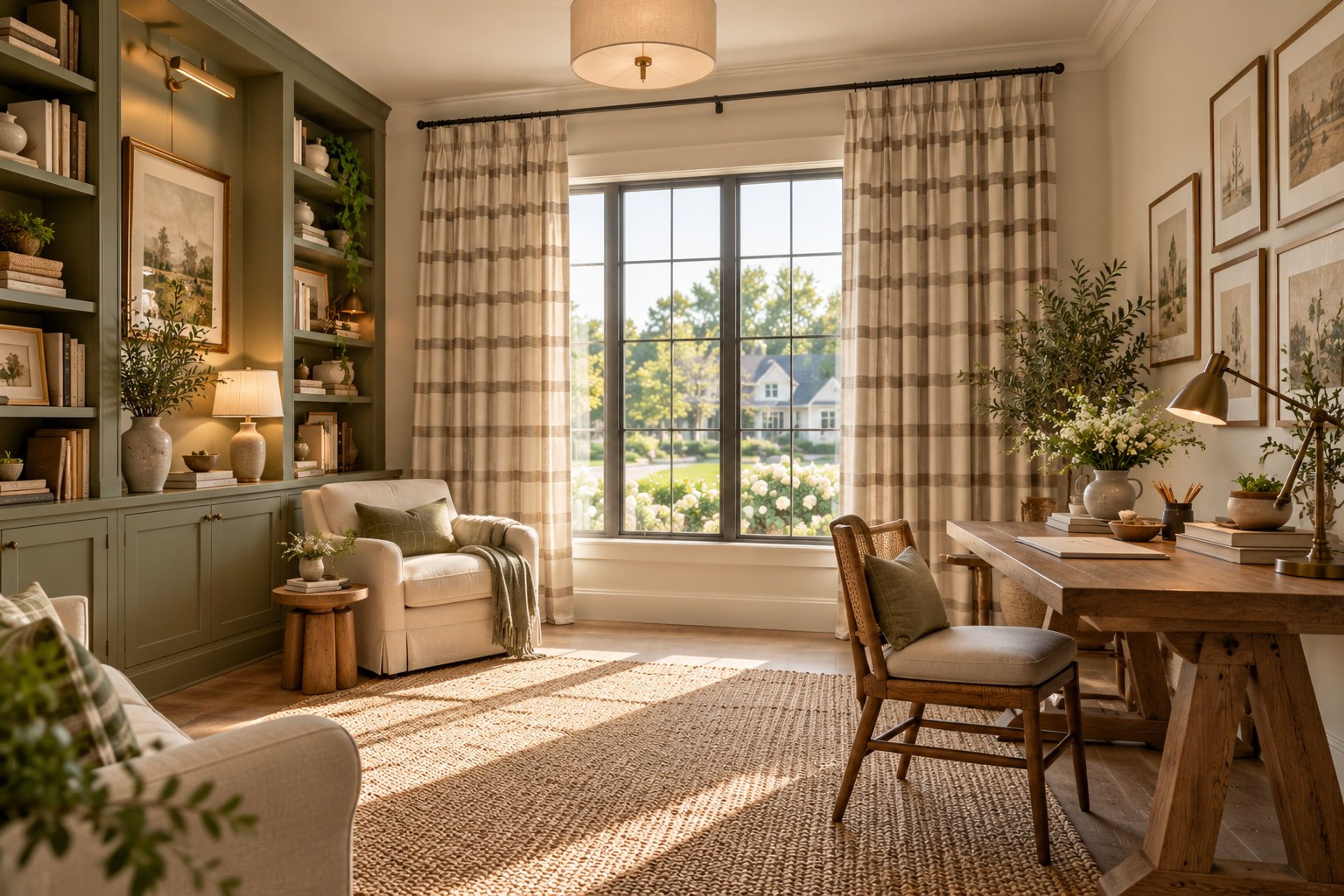 Taupe plaid curtains in a sage green built-in reading nook