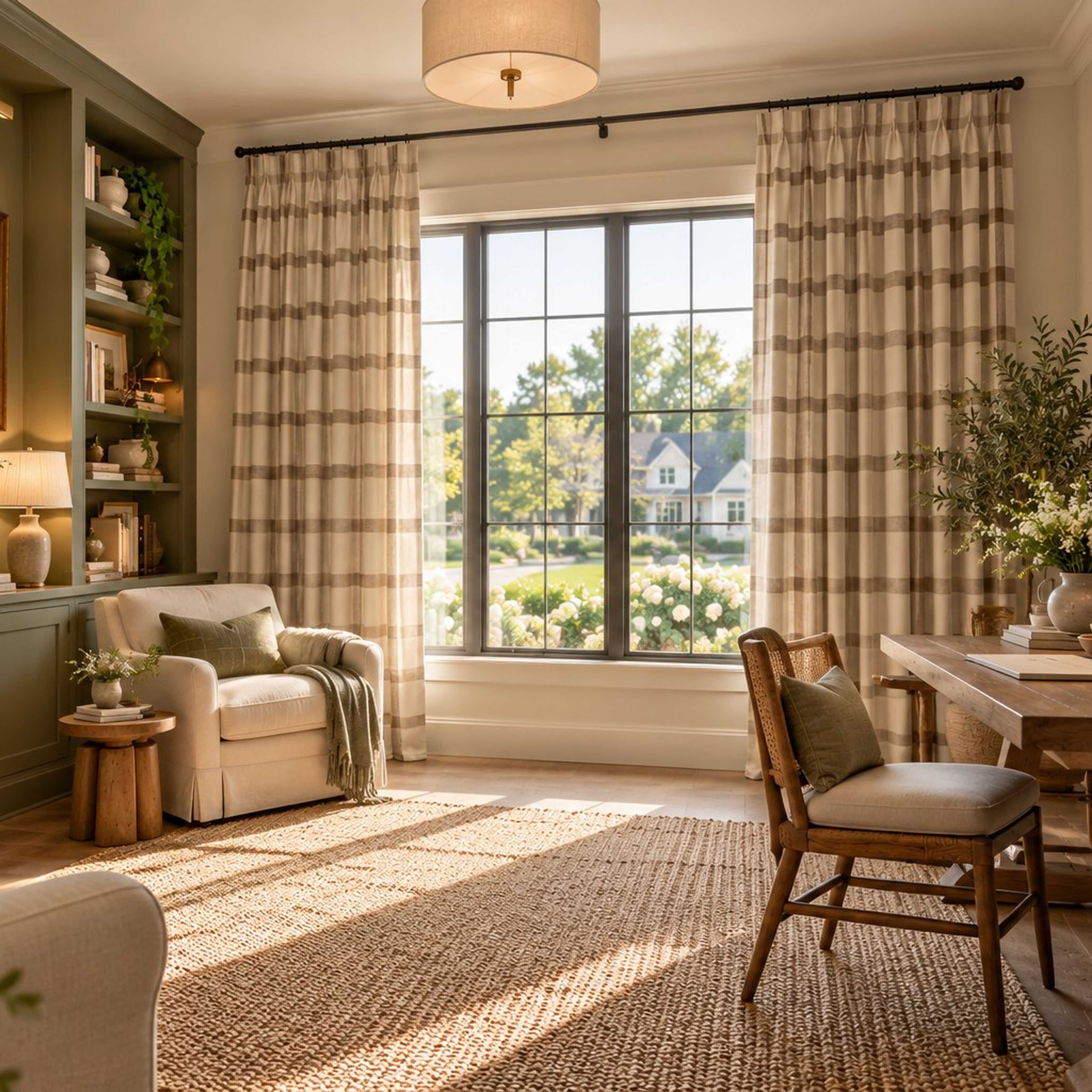 Brown plaid linen textured curtains framing a window in a cozy study with green bookshelves