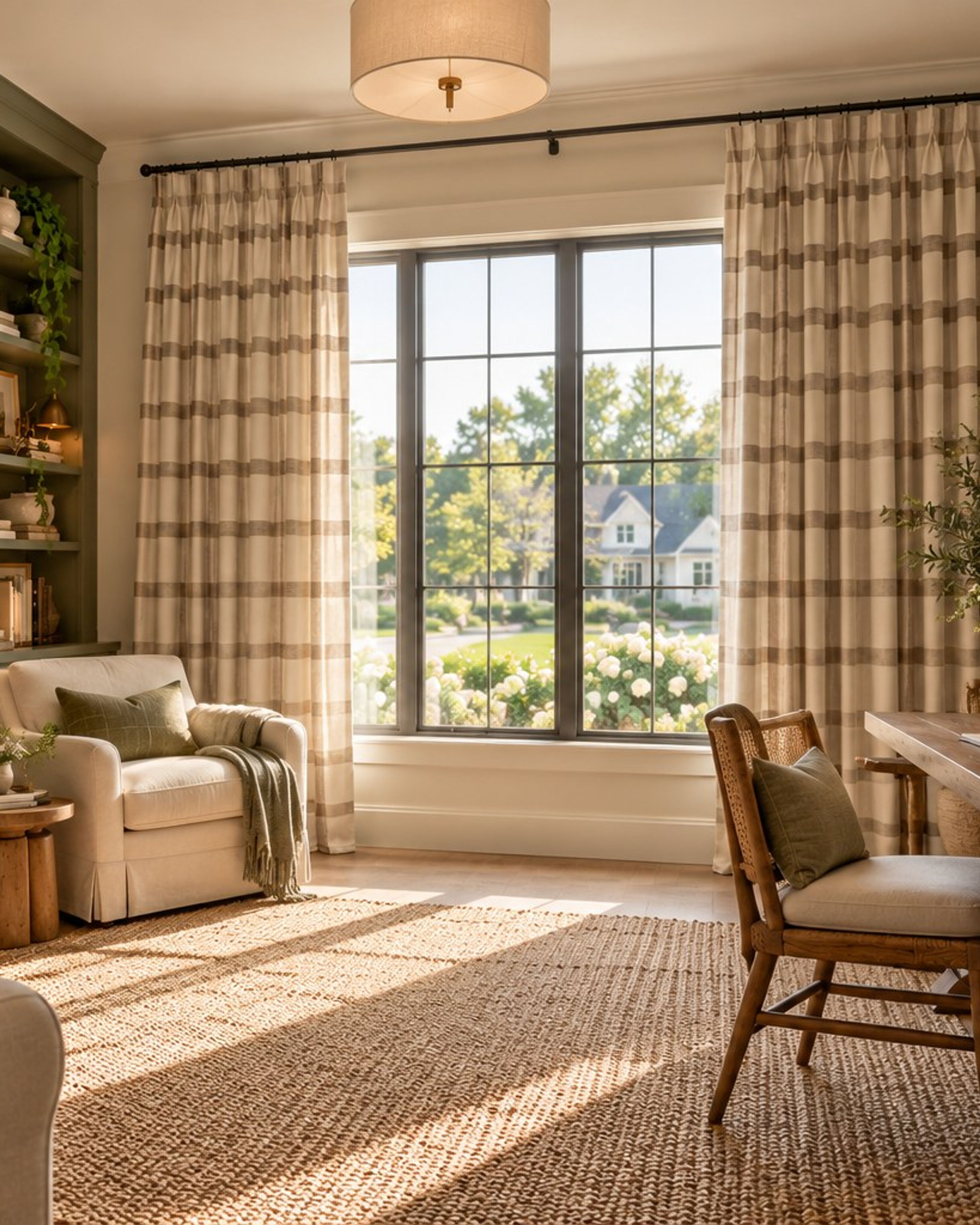Brown plaid linen textured curtains framing a window in a cozy study with green bookshelves