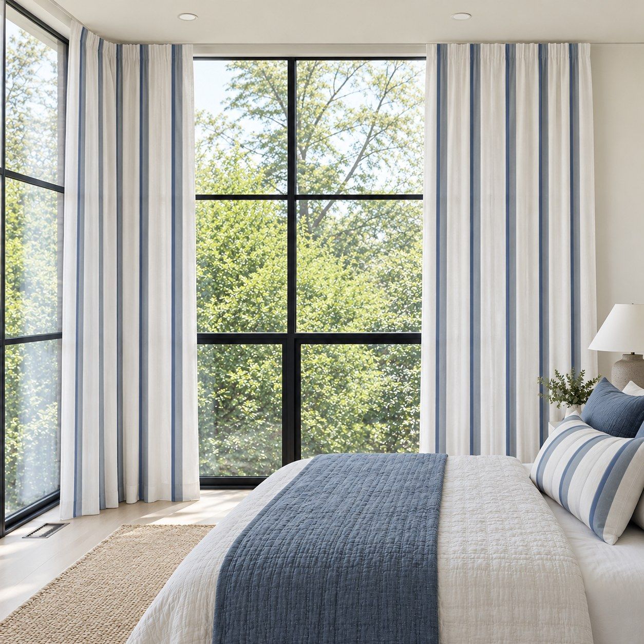 Blue striped linen textured curtains at floor to ceiling windows in a bright bedroom