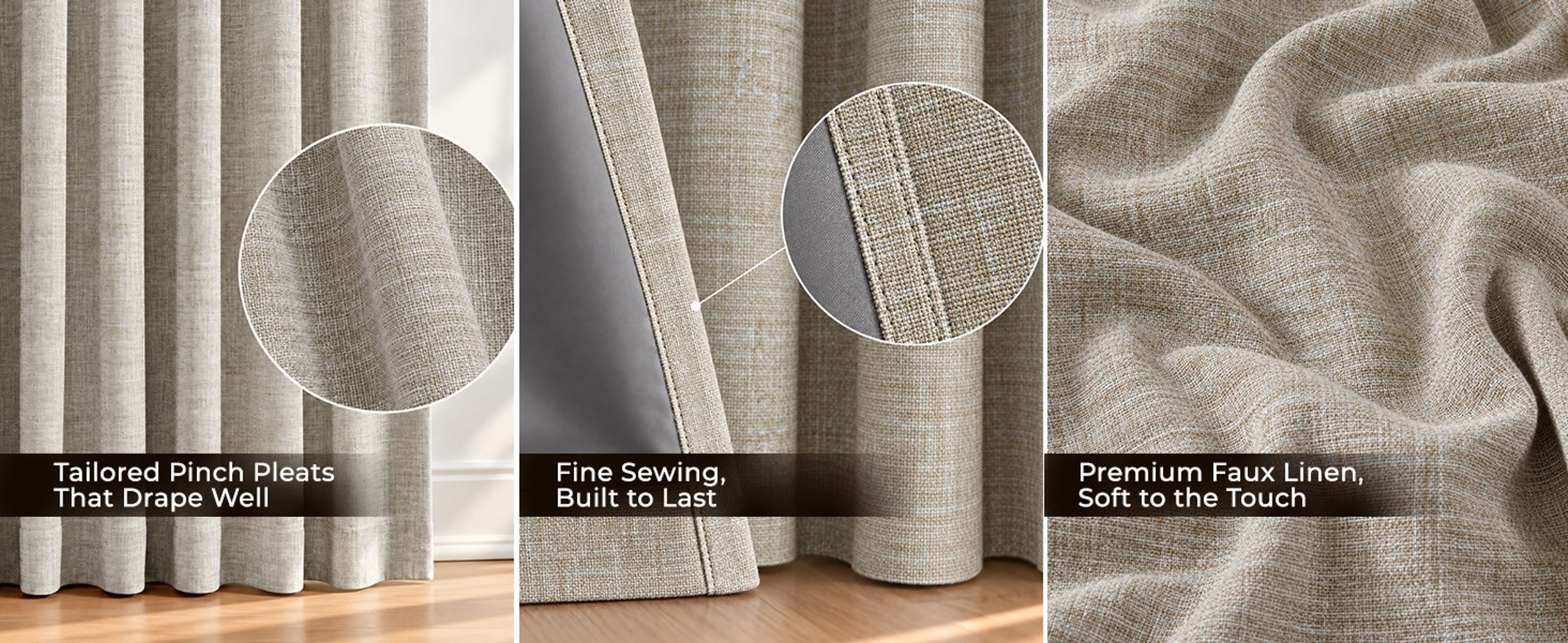 Close-ups of the Natural faux linen: tailored pinch pleats, fine stitched seams, and the soft woven texture