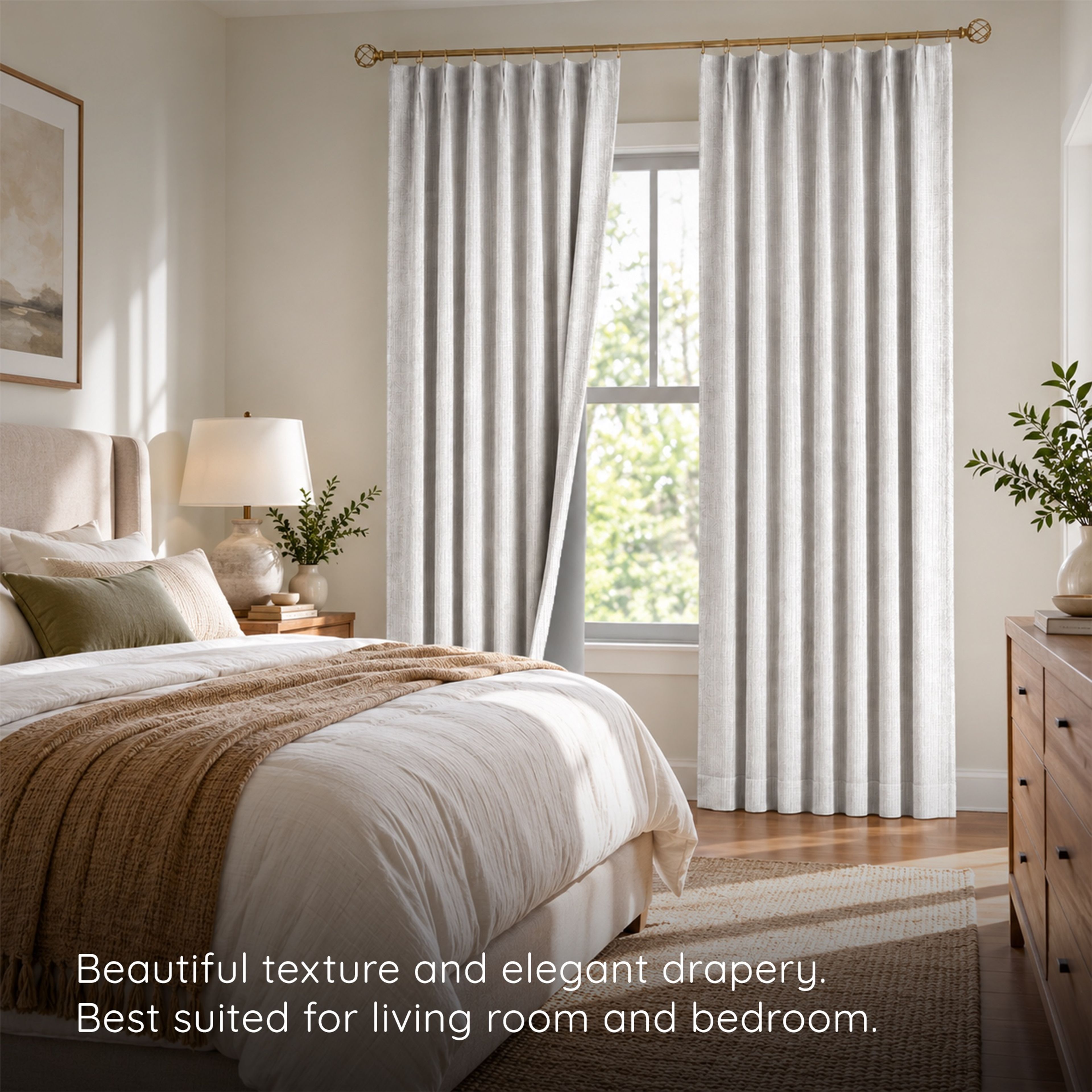 A bedroom dressed in ivory faux linen blackout curtains