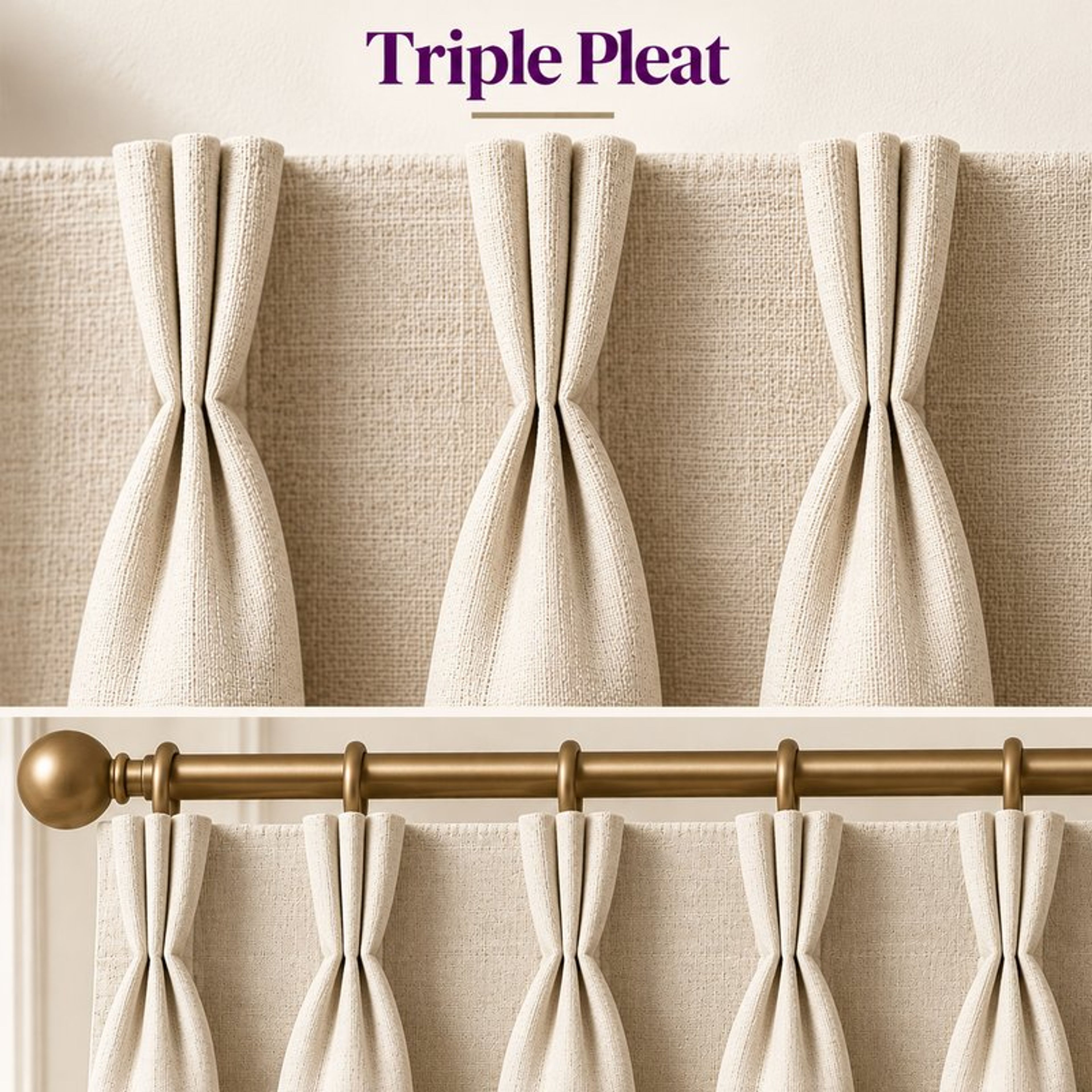 Triple pleat curtain header with three pinch pleats