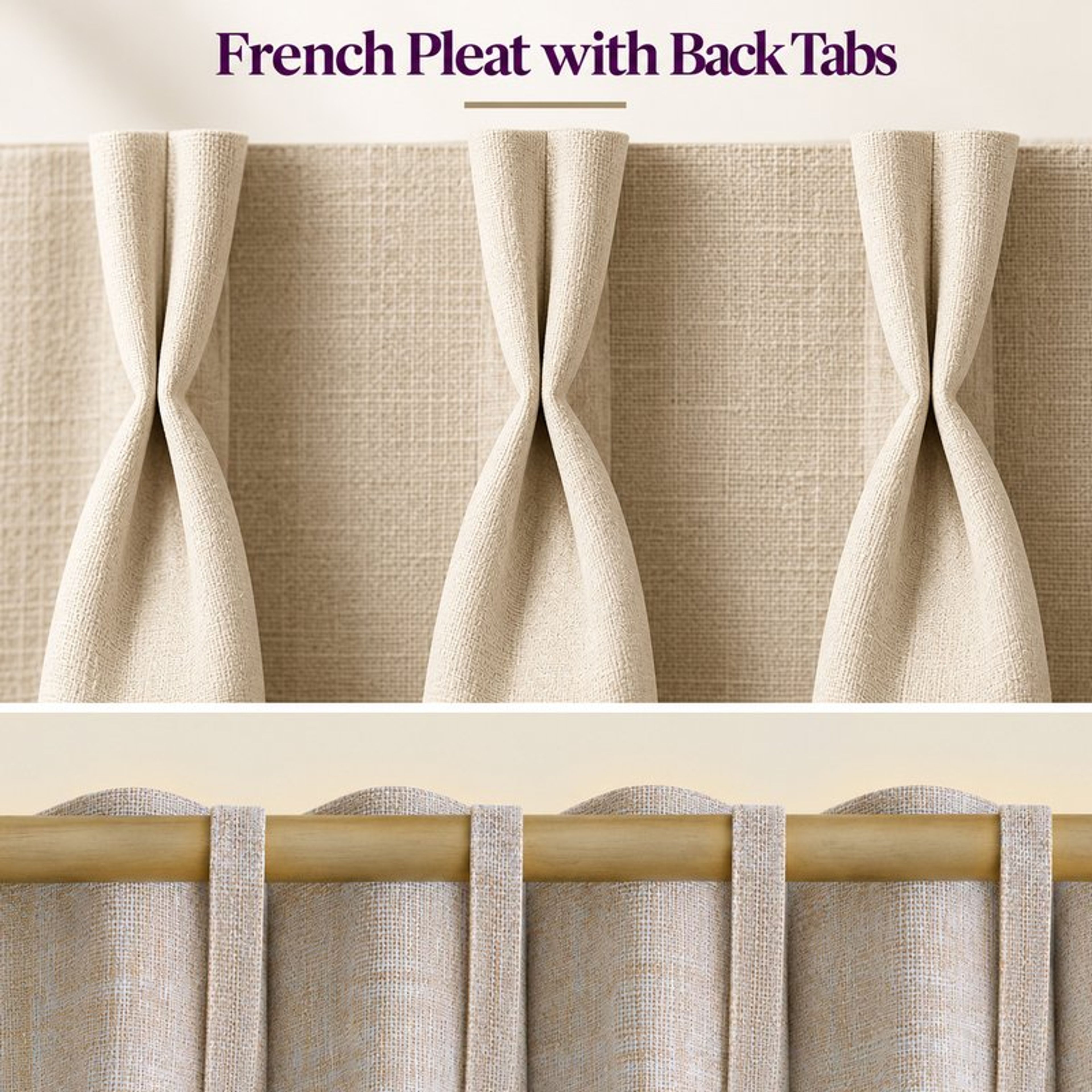 French pleat curtain header with fabric back tabs