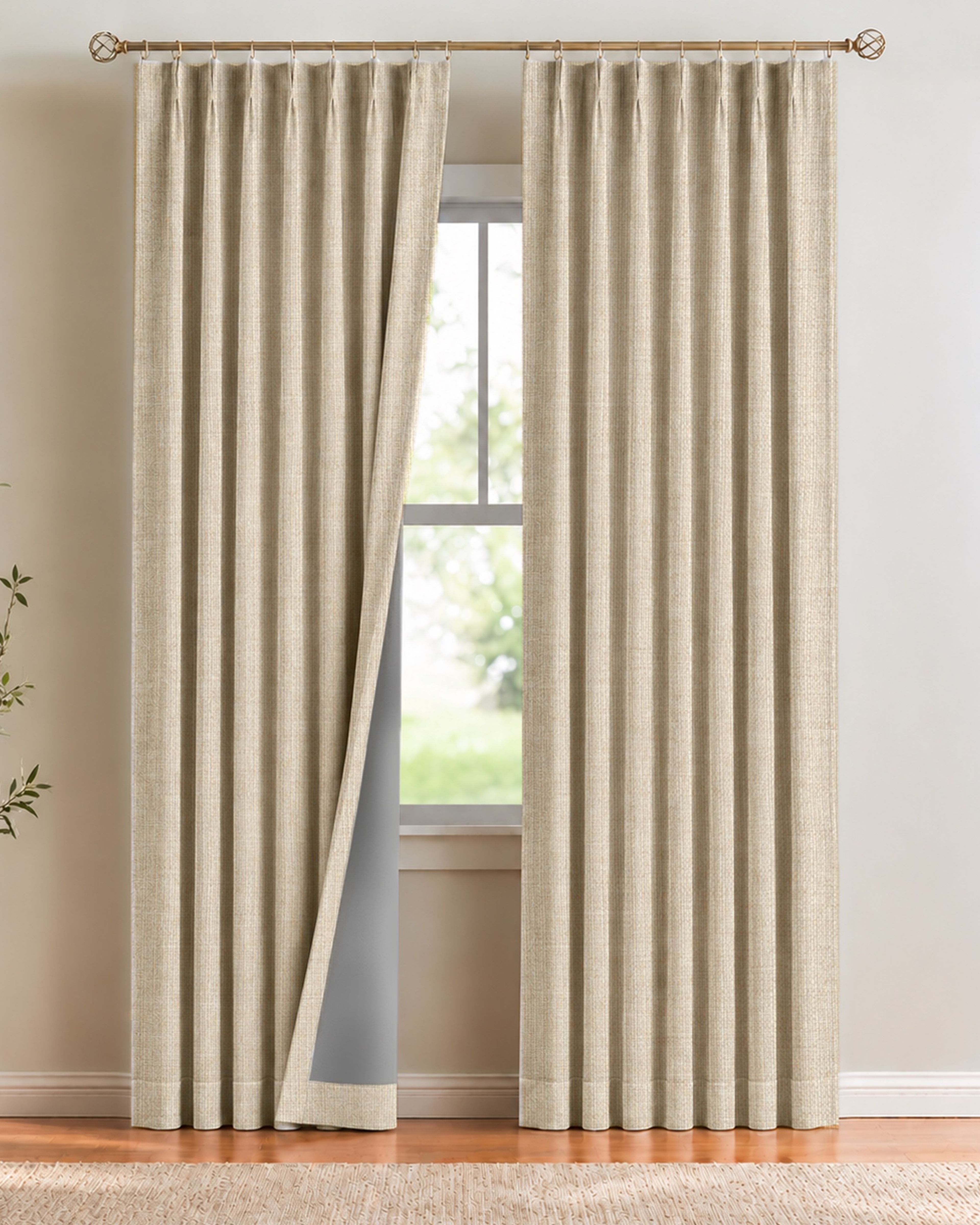 Faux linen blackout curtains in natural, pinch pleated on a brass rod beside a window