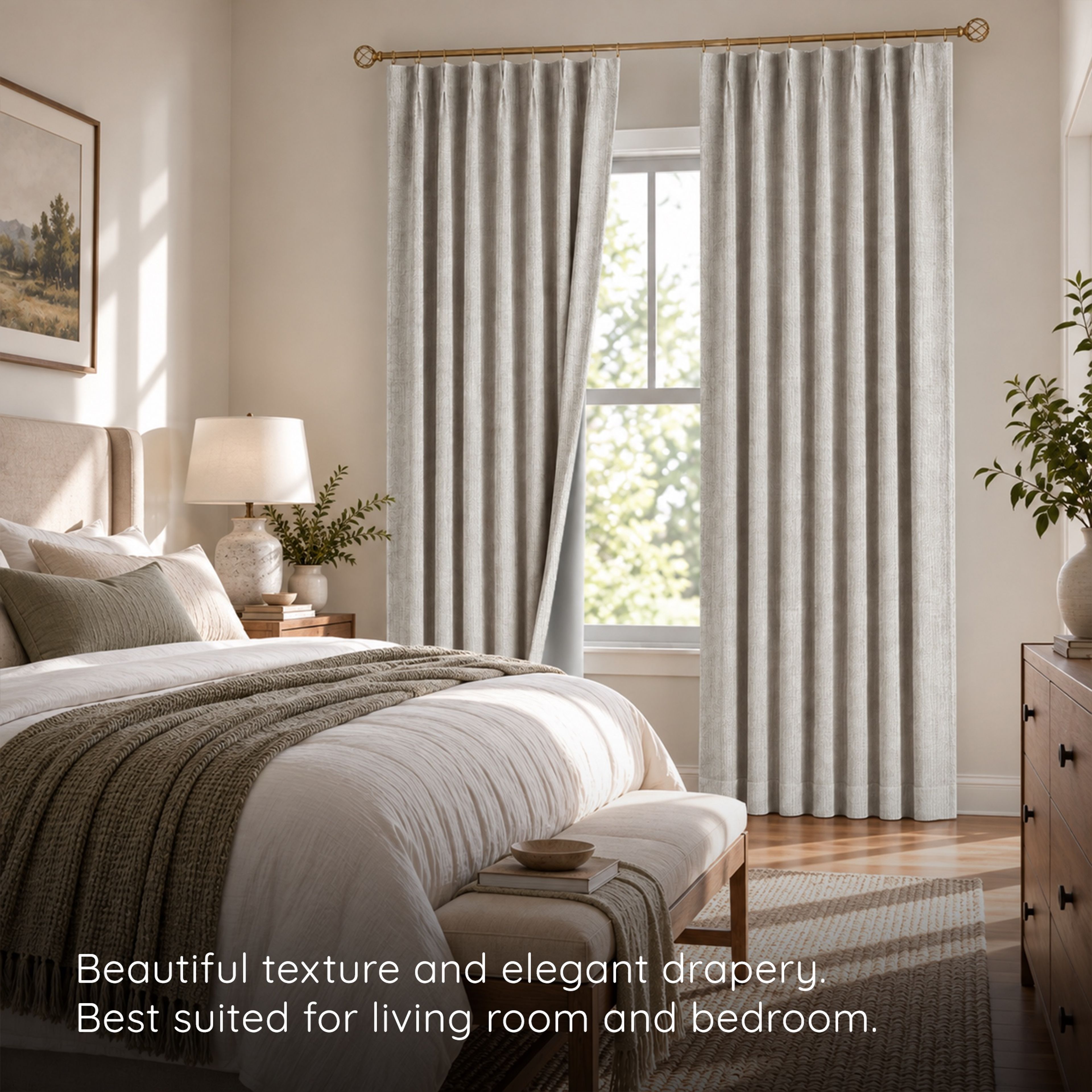 A bedroom dressed in beige faux linen blackout curtains