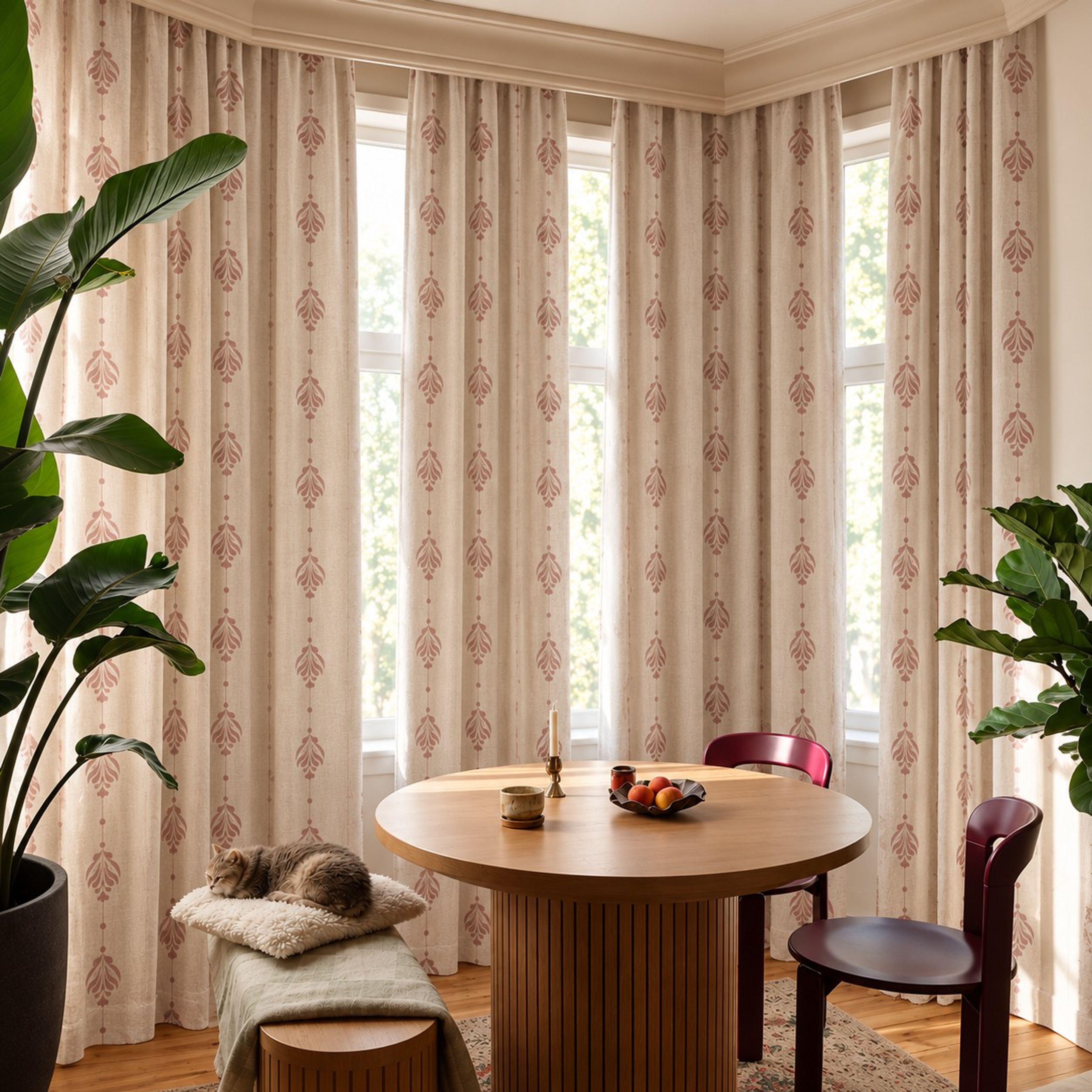 The same dining nook with Rose Damask curtains in a soft pink print framing the bay windows