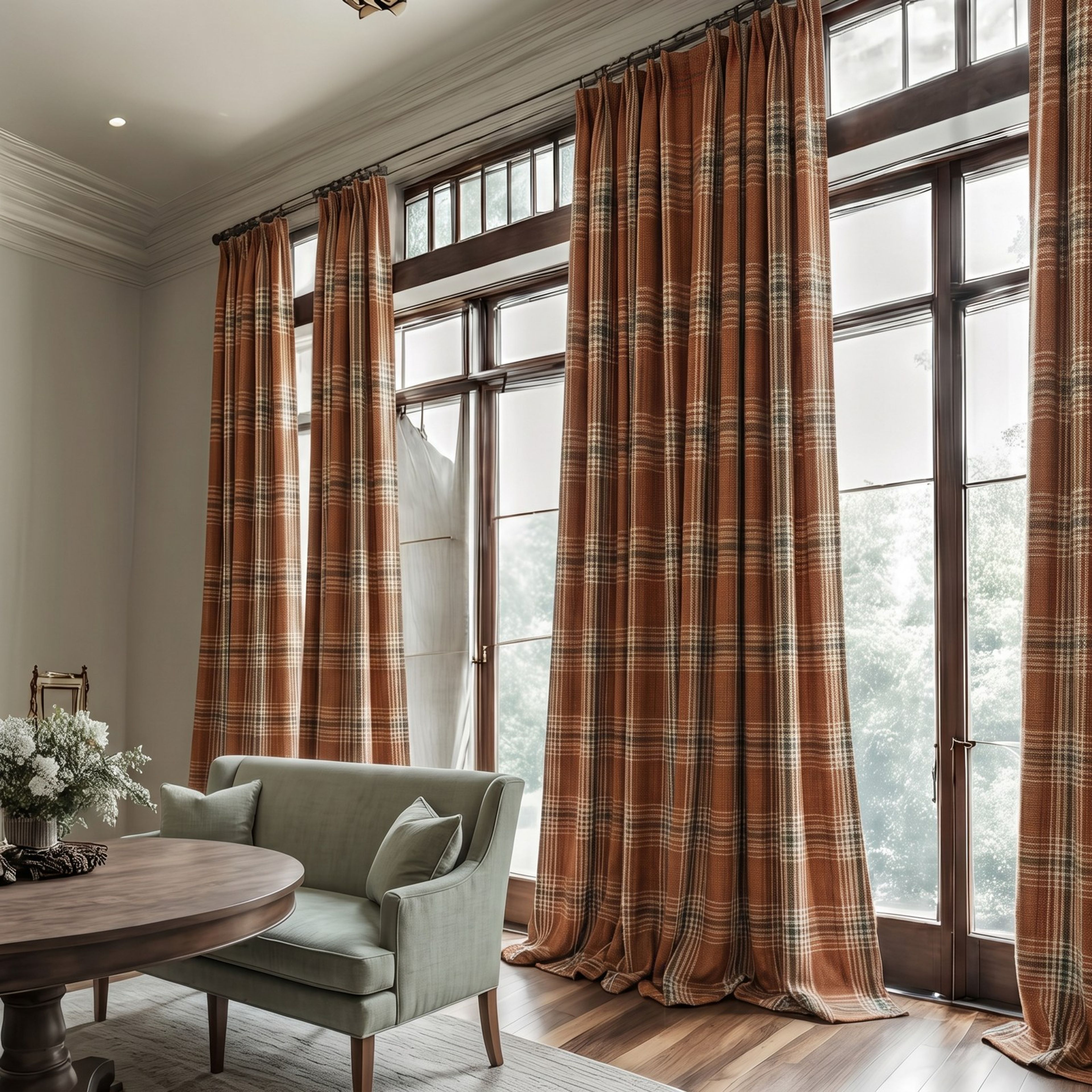 Rust plaid curtains framing dark wood windows in a sitting room