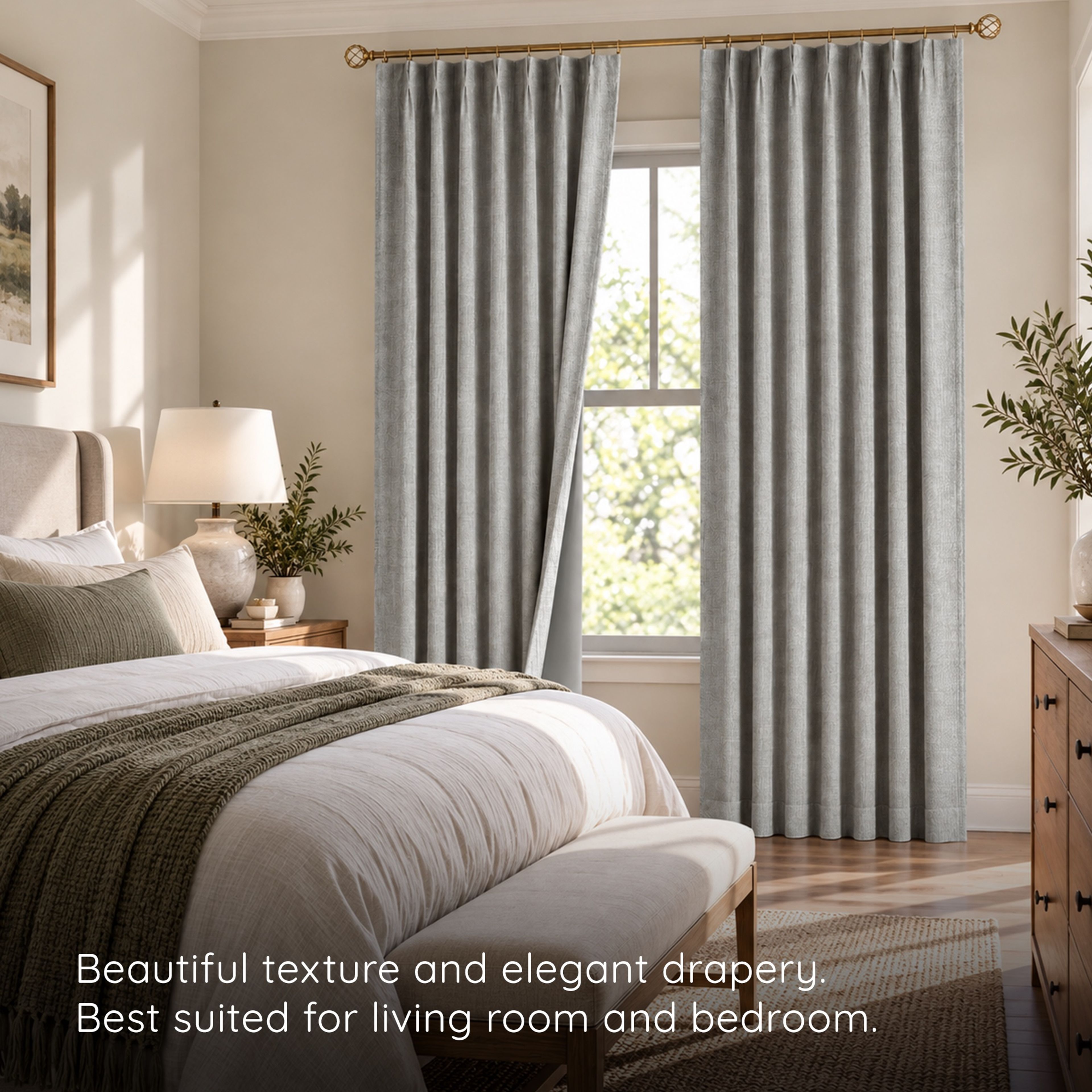 A bedroom dressed in gray faux linen blackout curtains