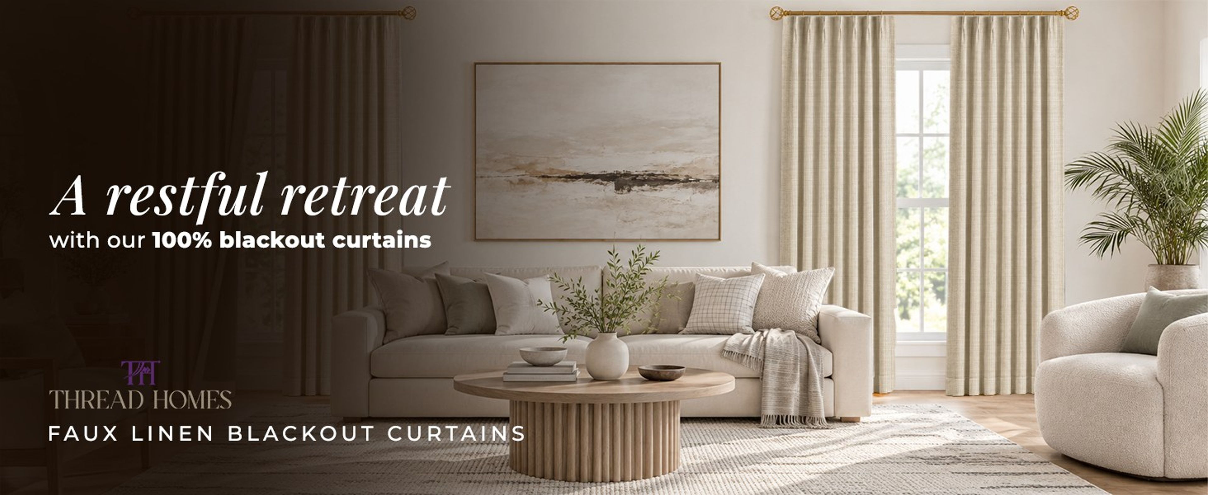 Natural faux linen blackout curtains with pinch pleats in a calm living room: a restful retreat with 100% blackout curtains