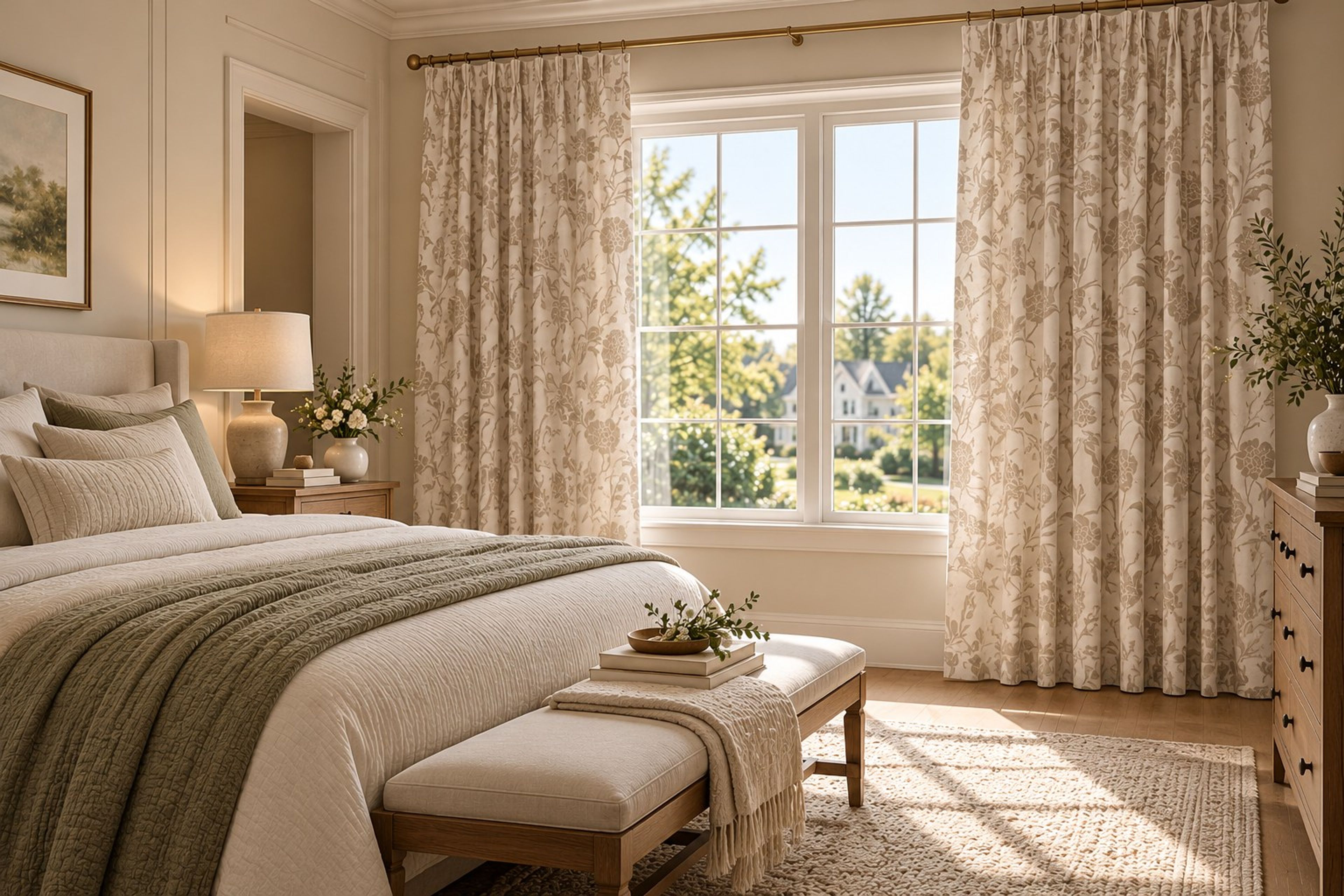 Taupe vintage floral curtains in a serene bedroom