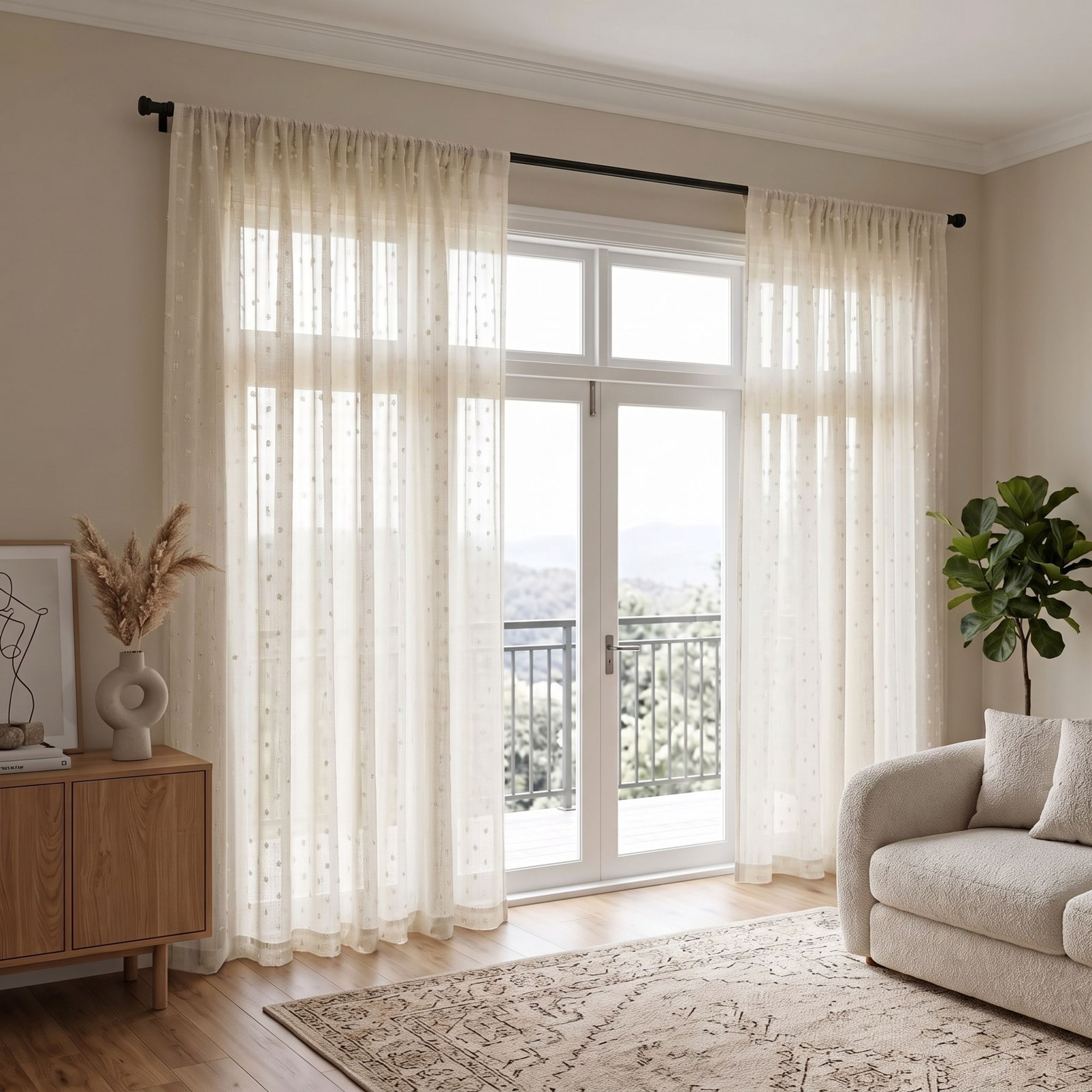 Sheer curtains filtering light in a living room with mountain views
