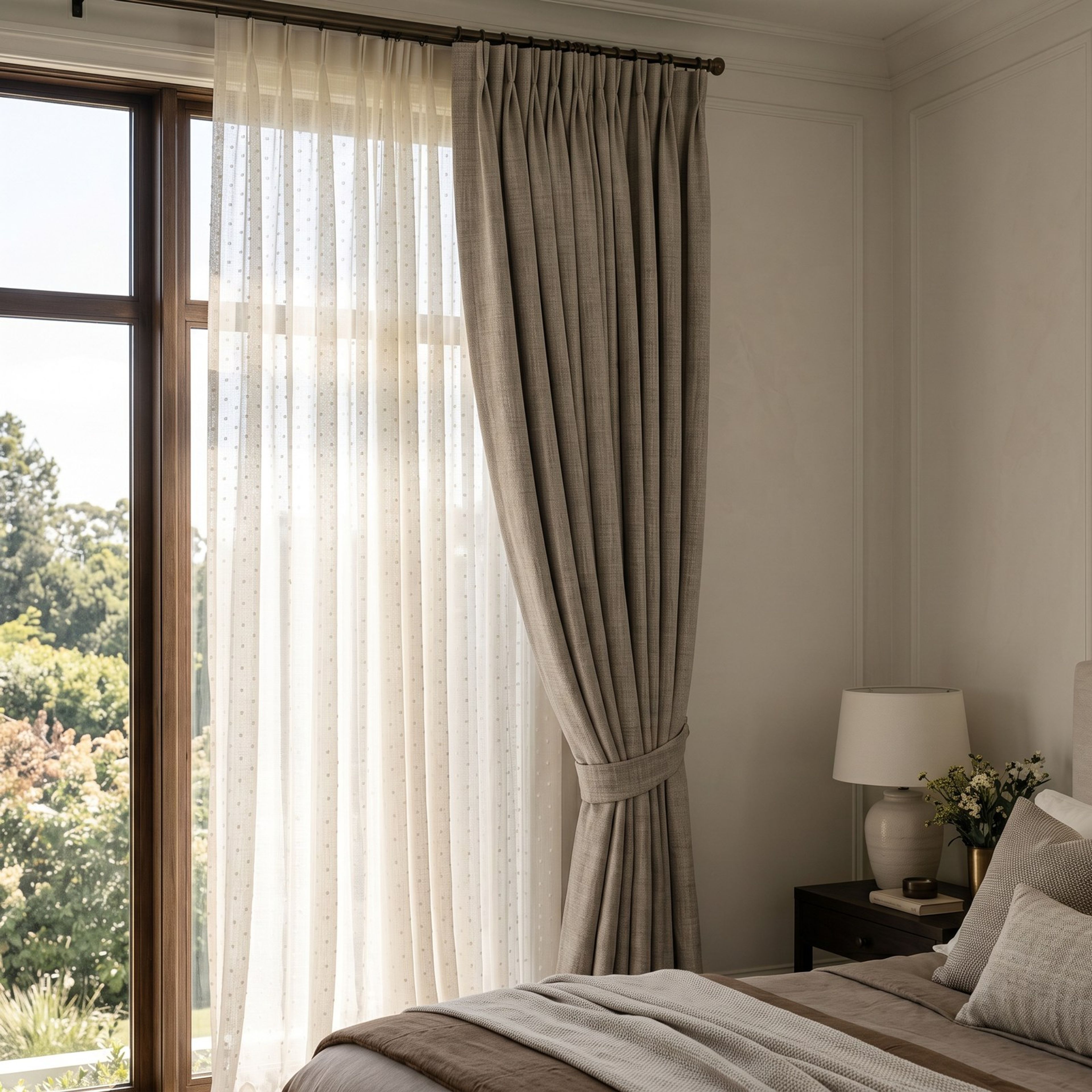 Layered sheer and solid taupe curtains in a bedroom