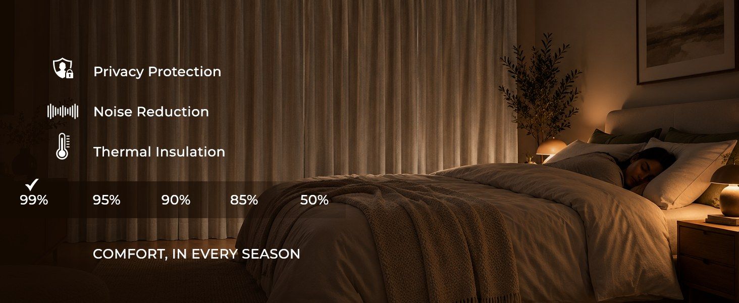 Natural blackout curtains drawn in a dark bedroom at night: privacy, noise reduction and thermal insulation, blocking 99% of light
