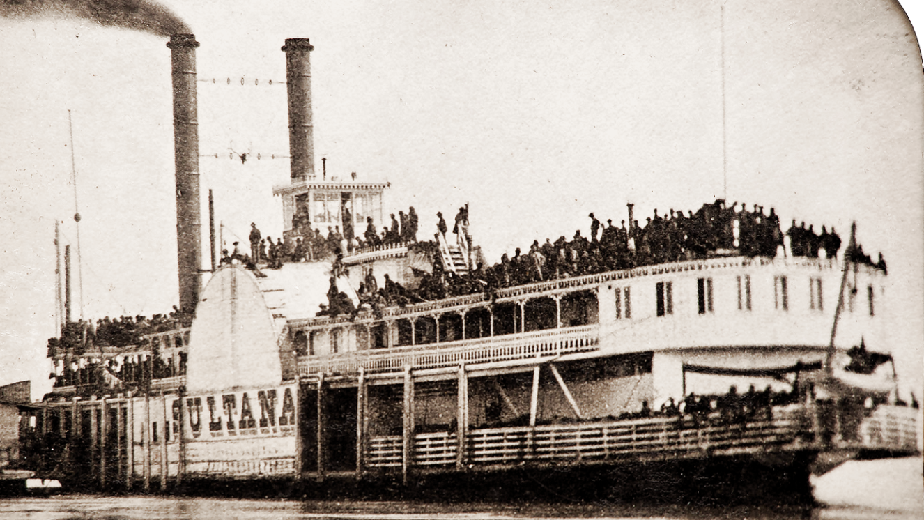 Whole plate tintype, which appears to be a period enlargement made from a carte de visite of the Sultana steamboat taken at Helena, AR, on April 26, 1865, a day before she was destroyed.