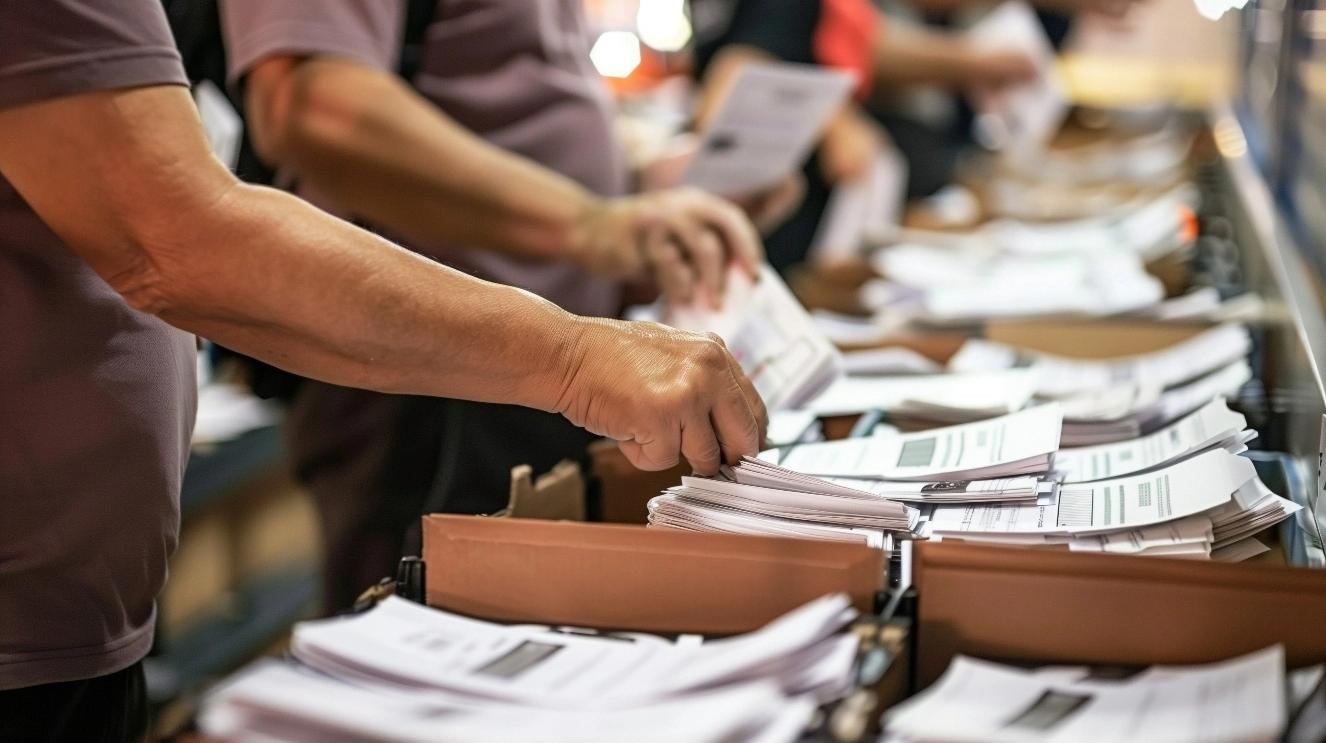 Poll workers sorting through ballots.