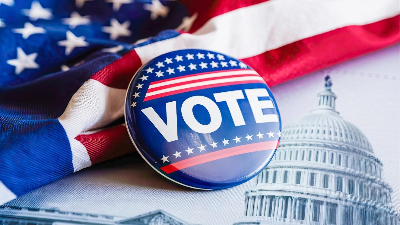 Vote button and American flag representing voting and election results.