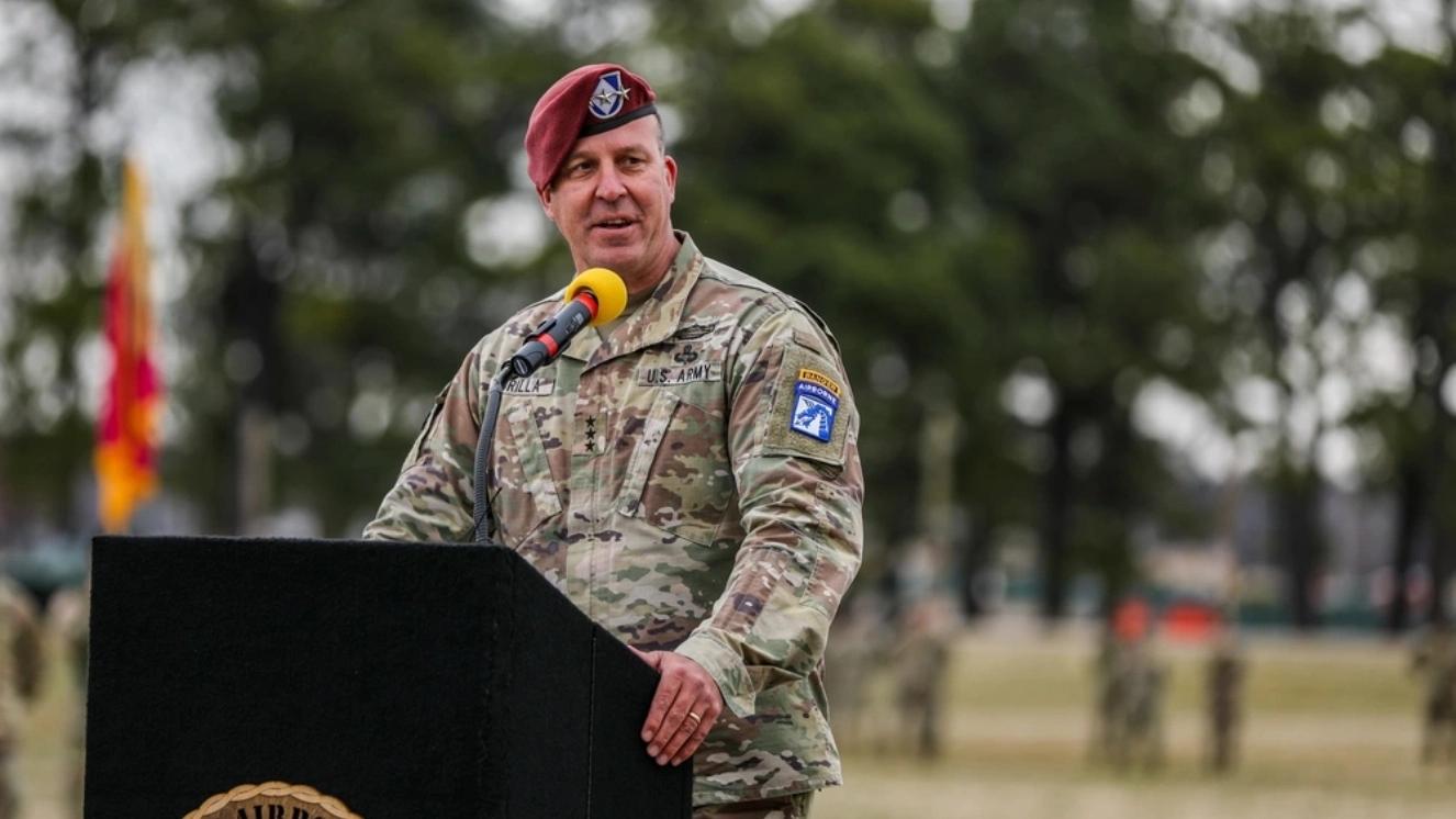 Gen Kurilla, commander of the XVIII Airborne Corps, gives a speech at the 101st Airborne Division (Air Assault) change of command, March 5, 2021, at the division parade field, Fort Campbell.