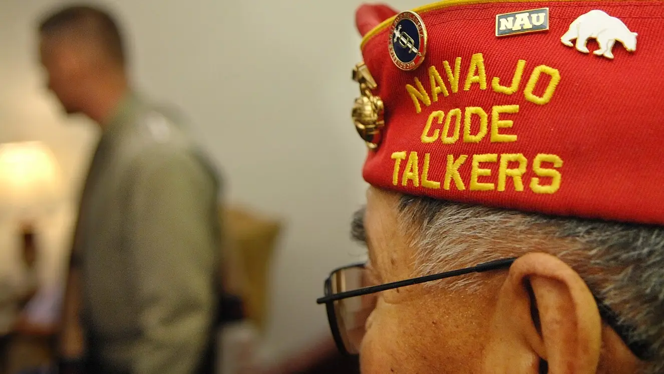 Side of John Kinsel Sr, and his Navajo Code Talkers hat.