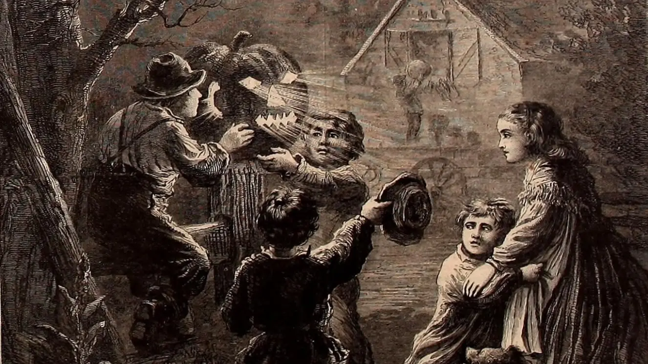 Themed sketch from Harpers Weekly Nov. 1867 issue showing a Civil War Halloween.