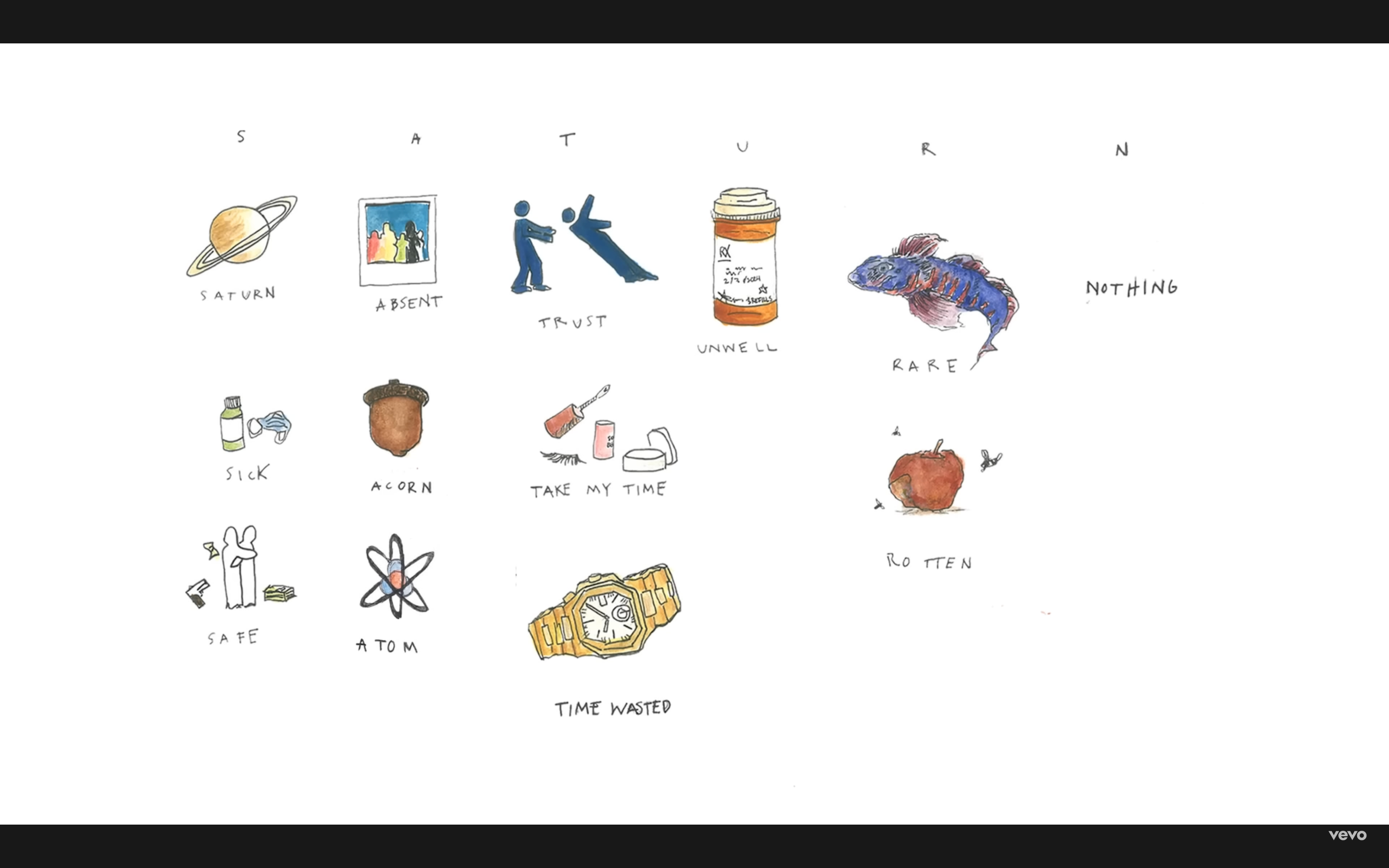 a drawing of various objects including an apple and a watch