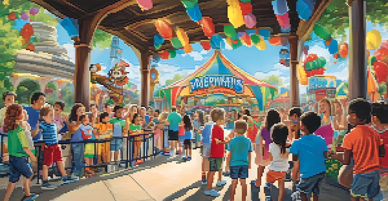 Children interacting with cartoon characters at a meet-and-greet event in Six Flags Fiesta Texas, with vibrant decorations around them.
