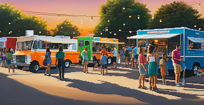 A lively food truck park in San Antonio with colorful trucks and diverse people enjoying meals under warm sunset lighting.