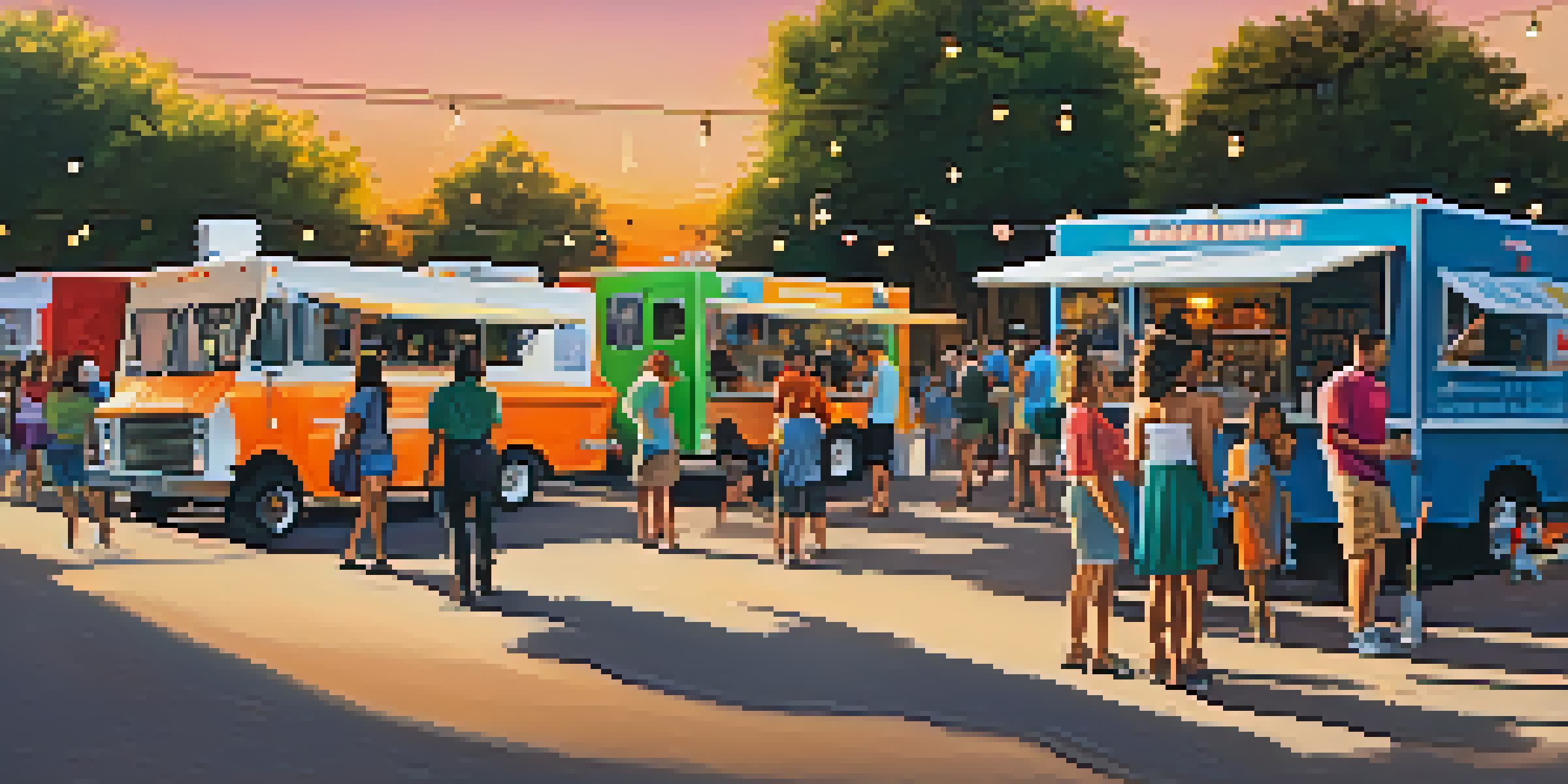 A lively food truck park in San Antonio with colorful trucks and diverse people enjoying meals under warm sunset lighting.
