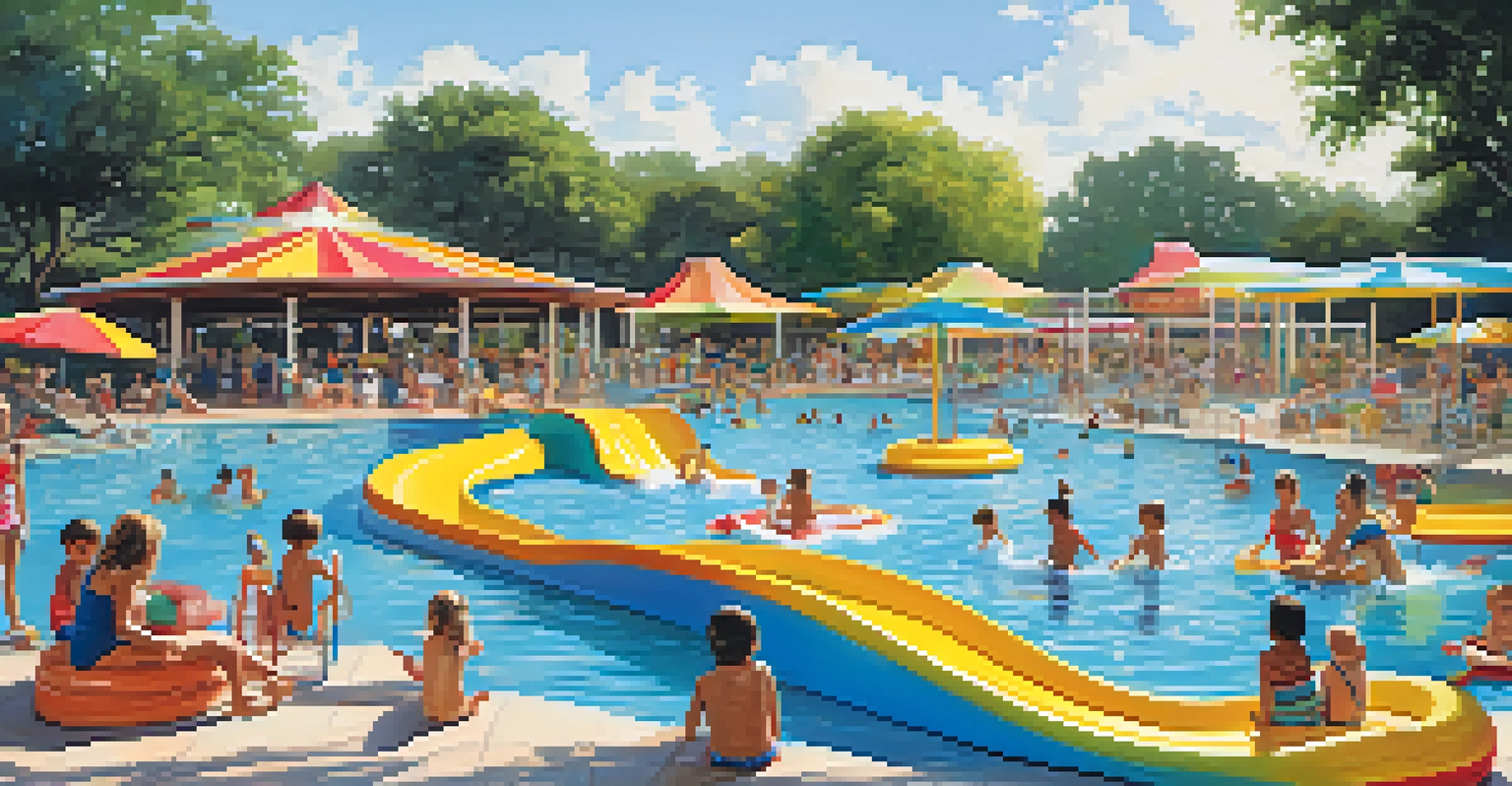 Families enjoying water slides and pools at Splashtown San Antonio, with children splashing in a lazy river and parents relaxing by the pool.