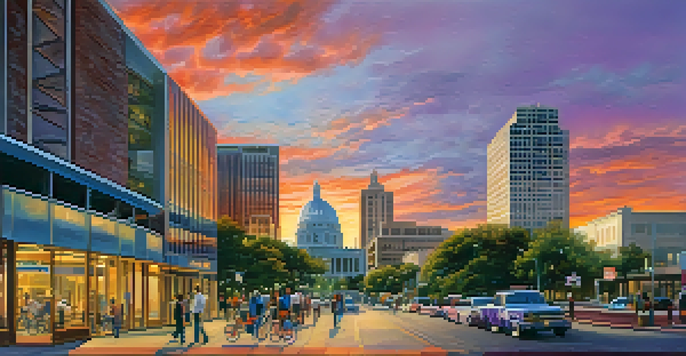 A sunset view of San Antonio's skyline with modern healthcare buildings and historical architecture, featuring healthcare professionals walking along a bustling street.