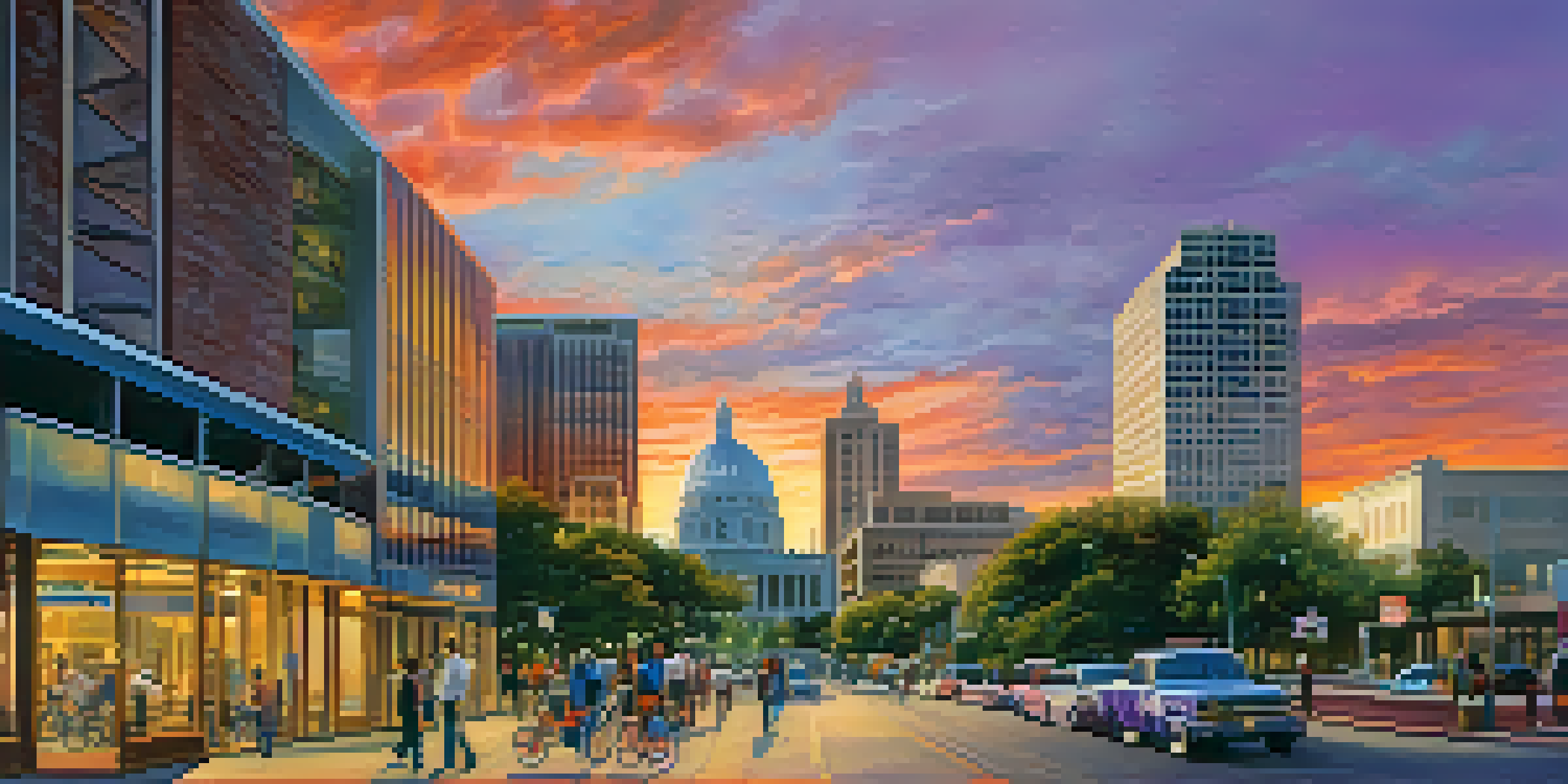 A sunset view of San Antonio's skyline with modern healthcare buildings and historical architecture, featuring healthcare professionals walking along a bustling street.