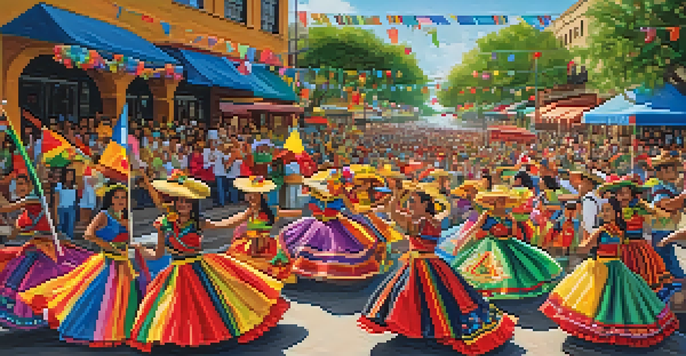 A colorful parade with floats decorated with flowers and lights, people dancing and waving flags along a river, capturing the festive atmosphere of Fiesta in San Antonio.